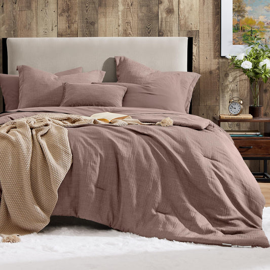Geniospin Queen Comforter Set - 7 Pieces Comforter Queen Size, Soft Solid Bedding Set for All Season, Textured Bed in a Bag with Sheets, Pillowcases & Shams (Misty Rose, 90''x90'')
