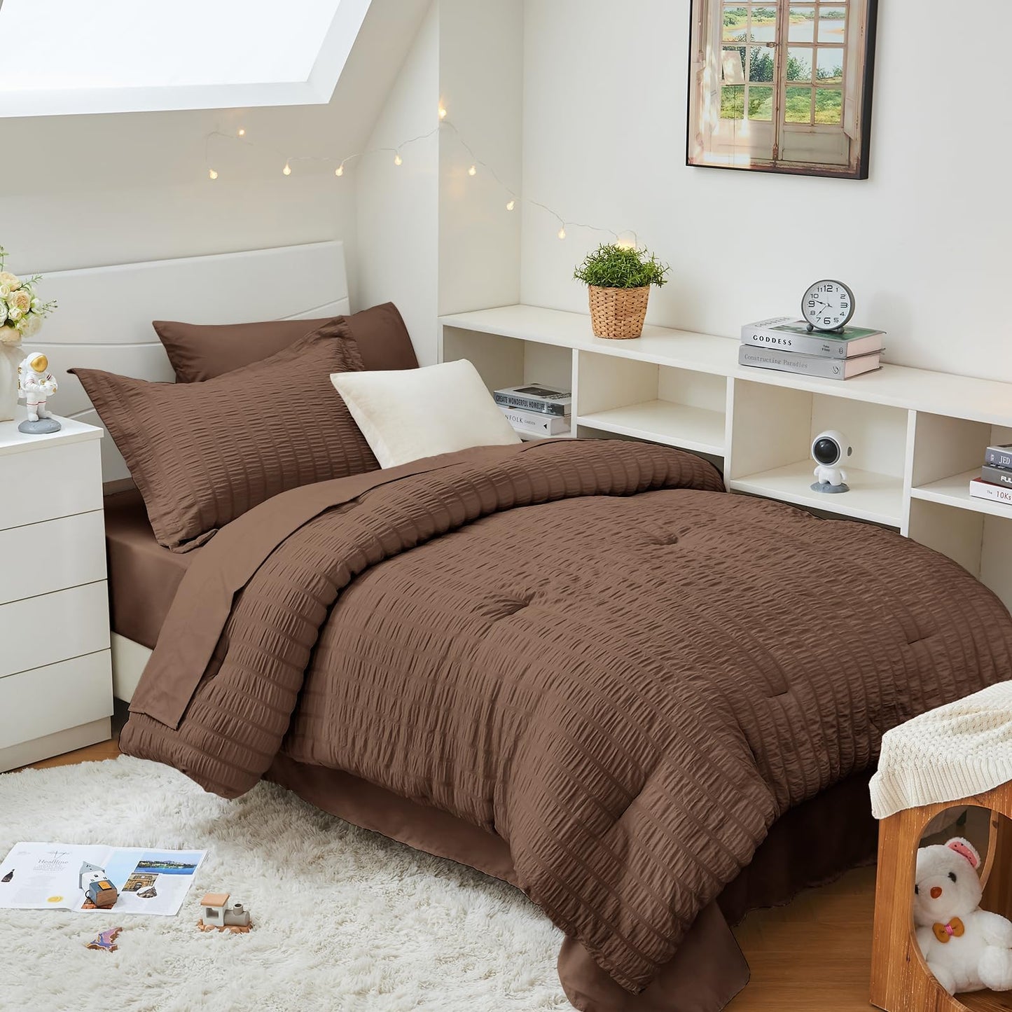 HYMOKEGE Dark Brown Twin Comforter Set Seersucker 5 Pieces, All Season Luxury Bed in a Bag for Bedroom, Bedding Set with Comforter, Sheets, Pillowcase & Sham