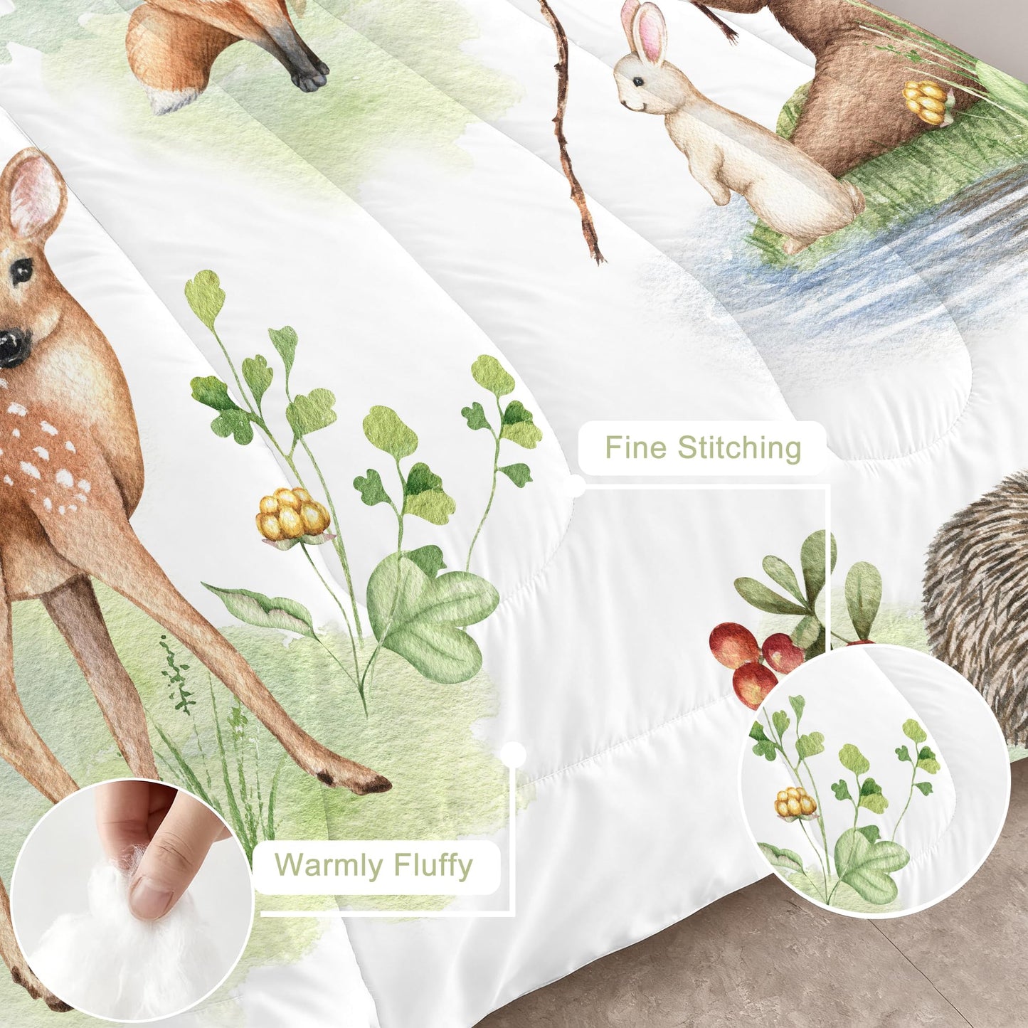 VTKON Wildlife Animals Comforter Set Twin for Kids Woodland Fox Deer and Bear Print Bedding Set Soft Cartoon Animal Print Bed Set White Green Forest Quilt Set with 1 Comforter + 1 Pillowcase