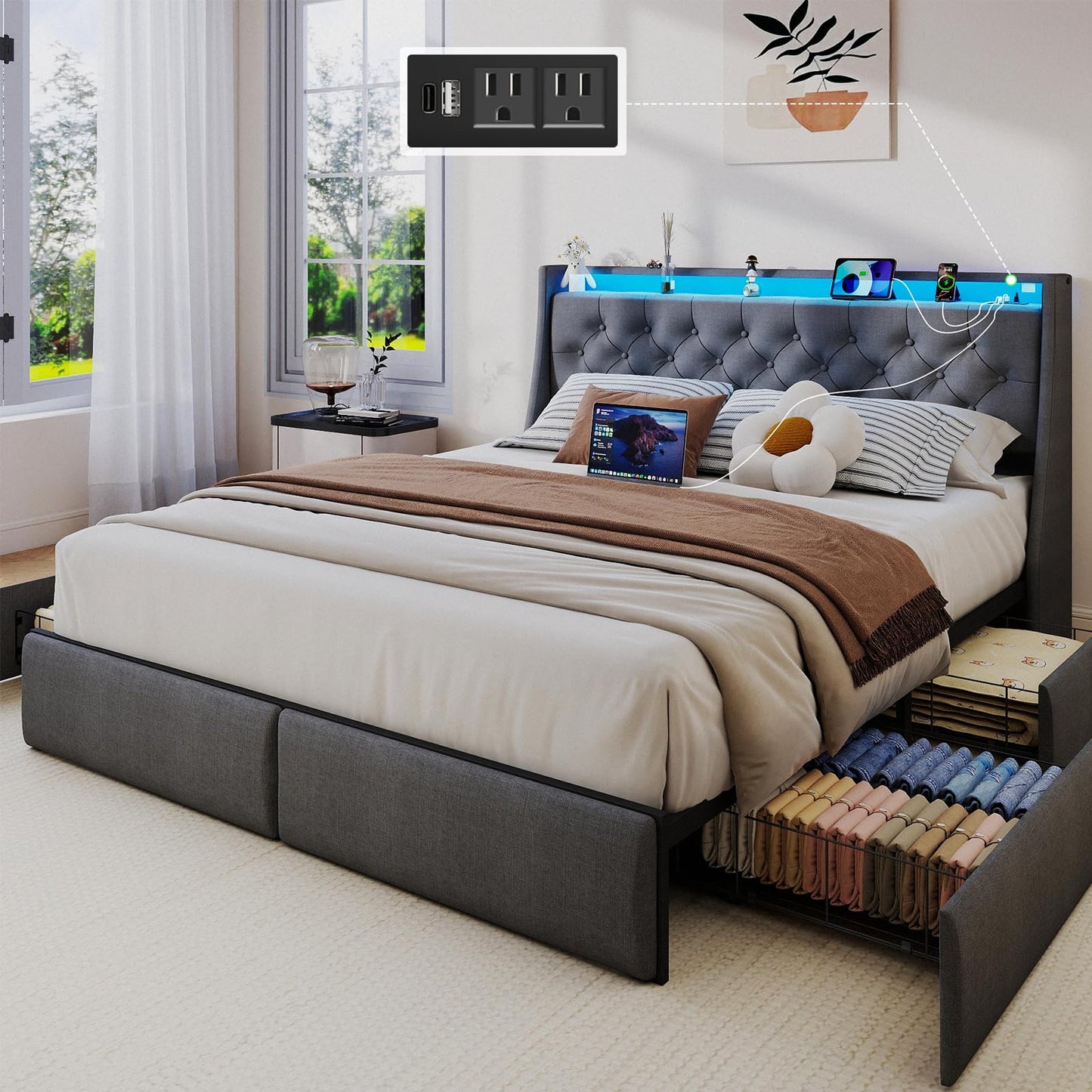 SADENICEL Full Size Bed Frame with Storage Headboard and 4 Drawer, Metal Full Bed Frame Platform with LED Light, Charging Station, No Box Spring Needed, Noise Free, Easy Assembly, Grey