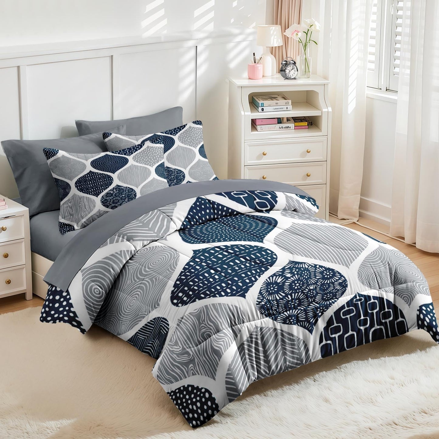 Nesker Comforter Set Queen Size, Boho Bohemian Abstract Blue Gray 7 Pcs Bedding for Kids and Adults, Indigo Geometry Grey Bed Sheet Sets with Fitted Sheet 2 Pillowcases & 2 Shams