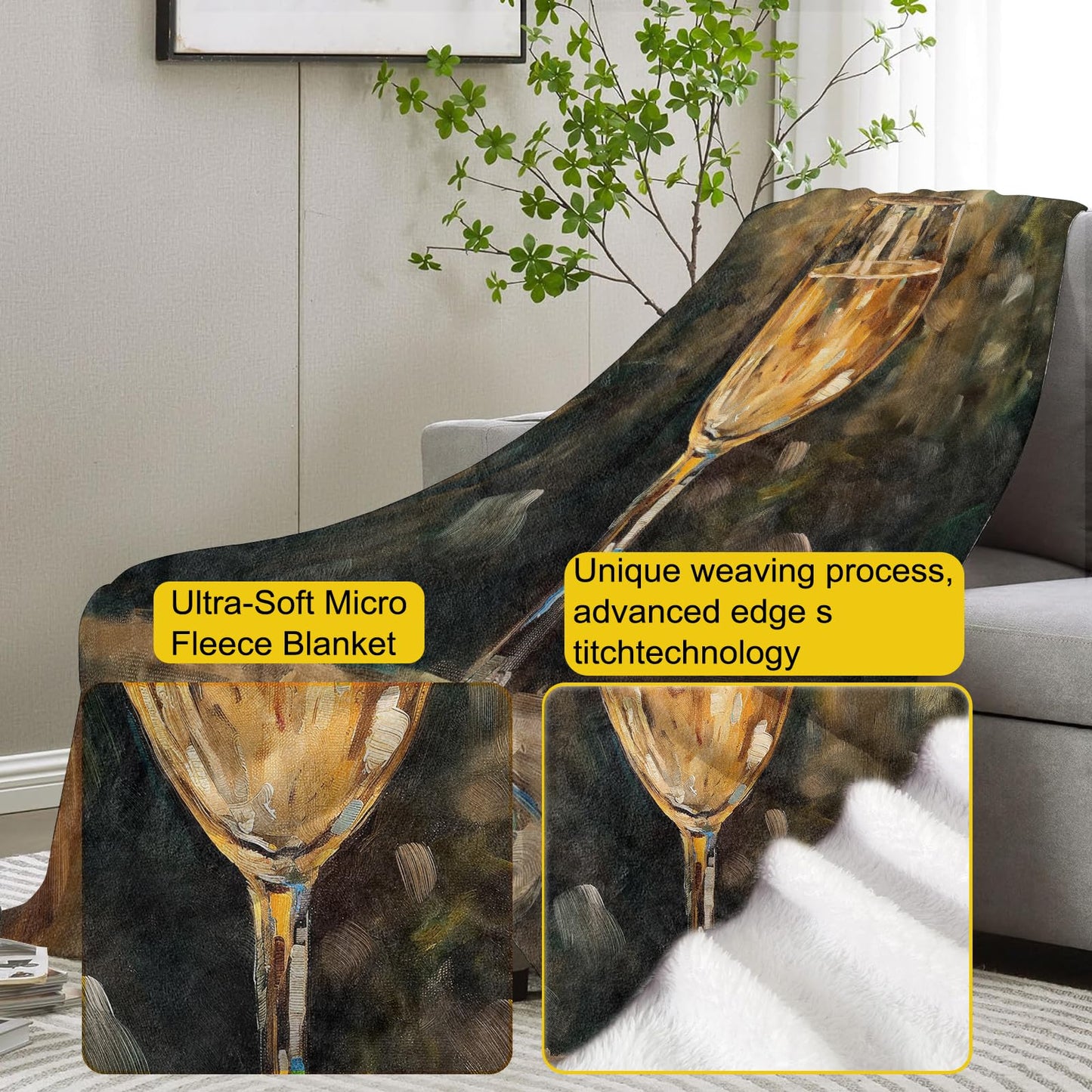 VANZEV Champagne Glass Throw Blanket Gifts, Soft Cozy Fleece Blanket with Elegant Wine Glass Print, Lightweight Warm Blanket for Couch Bed Sofa, Perfect for Wine Lovers and Home Decor, 50x60 in