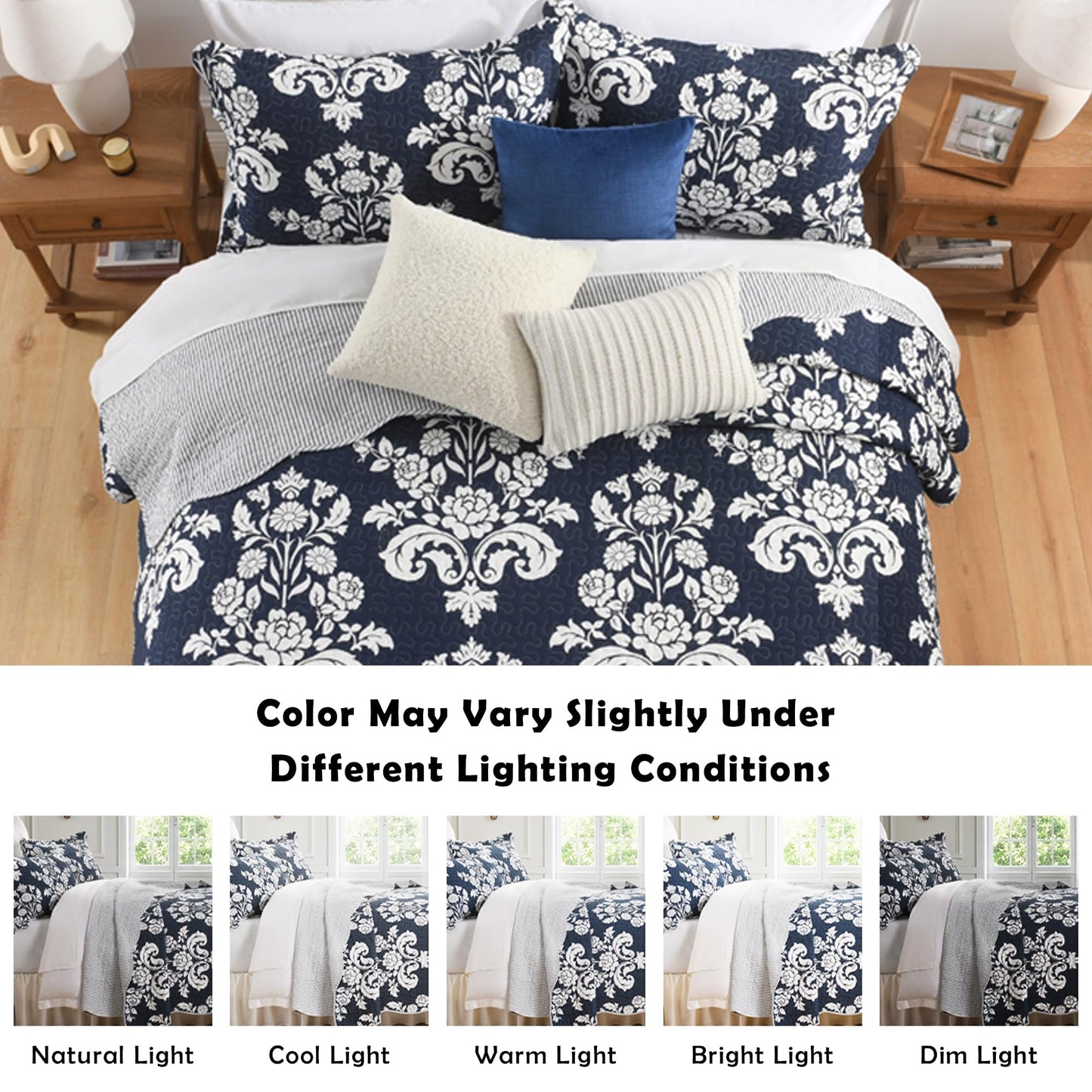 BCOTTOND Navy Blue Quilt Set King Size, 100% Cotton Reversible Farmhouse Quilt with Elegant Botanical Floral Pattern, Scalloped Edge Bedspread Coverlet, Lightweight All Season Bedding Set with 2 Shams