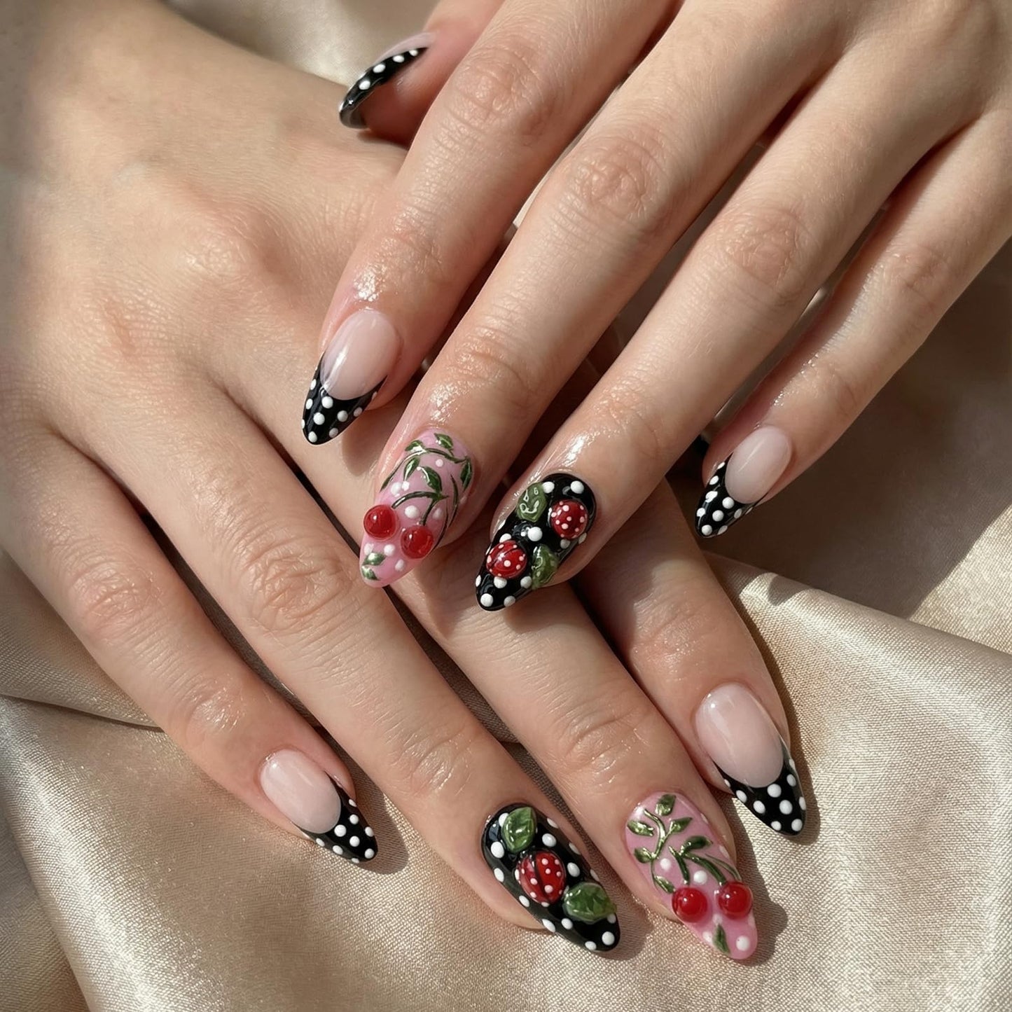octoswave Press on Nails Medium Almond Fake Nails French Artificial Nail Black and White Dot Pattern Stick on Nail for Women 30pcs