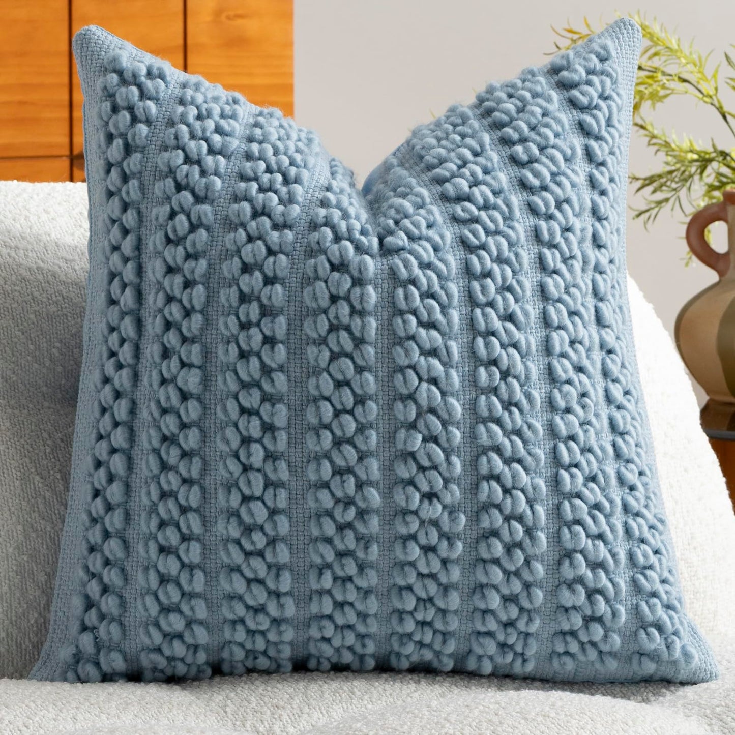 DEZENE Wool Boucle Throw Pillow Cover Premium Chic Accents Square Textured Decorative Pillow Case for Living Room Couch Sofa Home Decor 18"x18" Blue