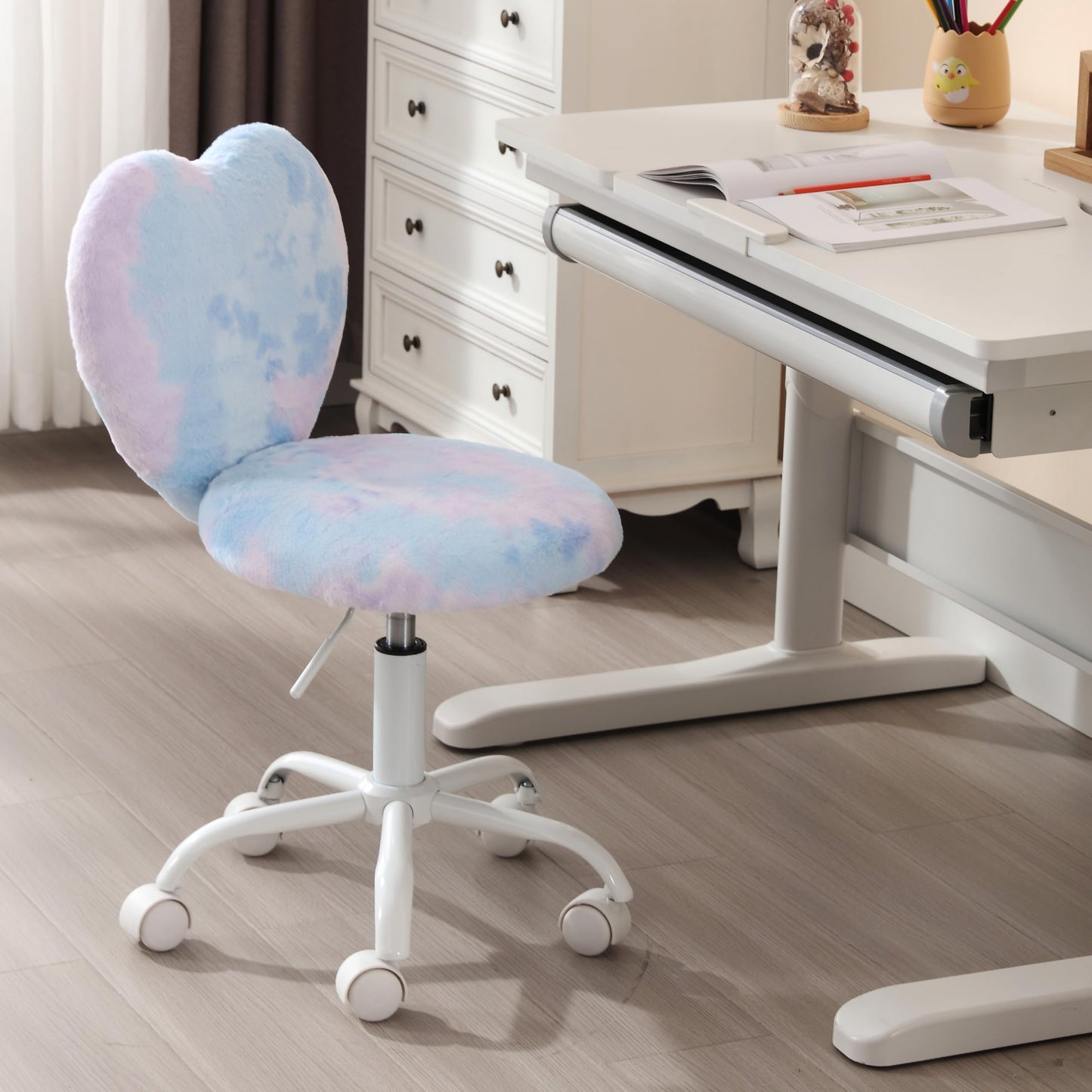 DM Furniture Kids Desk Chair Girls Students Study Chair Adjustable Computer Chair Furry Swivel Office Reading Chairs Child Cute Heart Back Chairs for Home/Bedroom/School/Dorm/Vanity, Blue