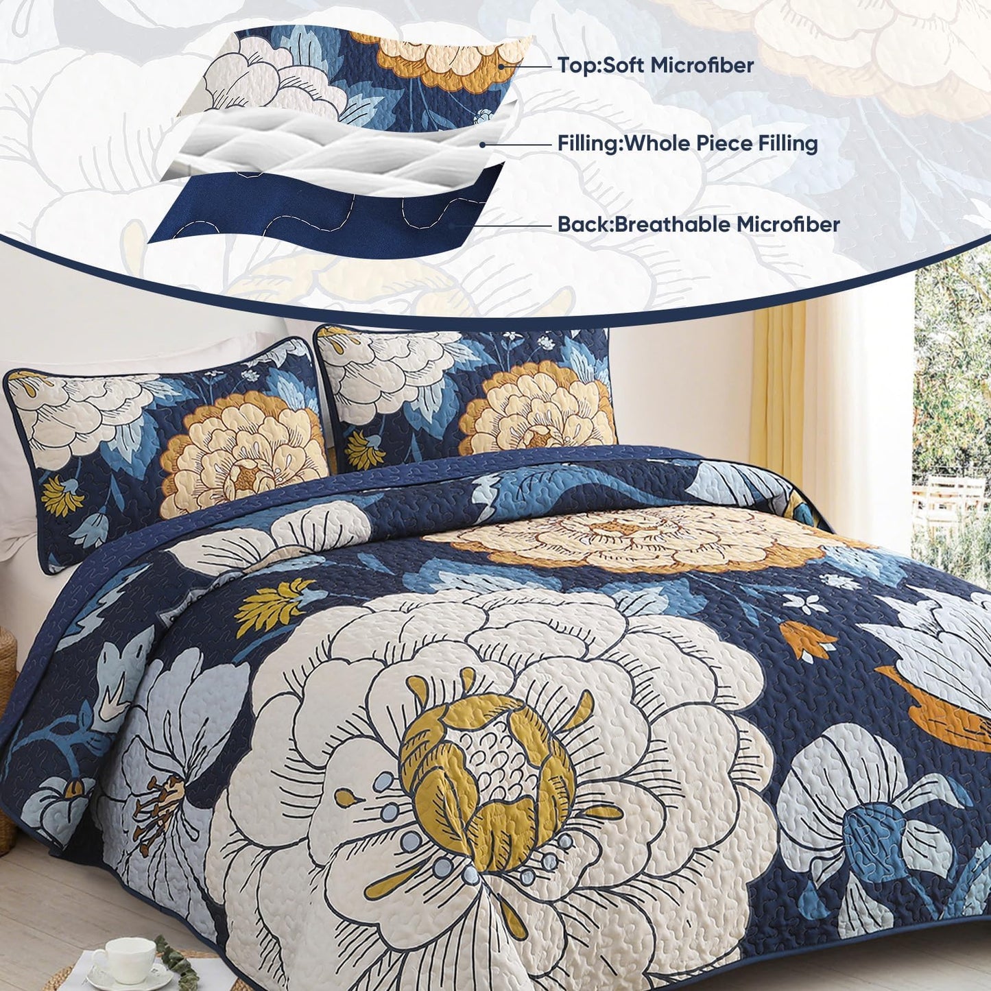 DJY Navy Floral Quilt Set Queen Size Boho Bedspread Coverlet Set, 3 Piece Botanical Quilt Soft Microfiber Blue Floral Bohemian Bedding Set with 2 Pillowcases for All Season, 96''x90''