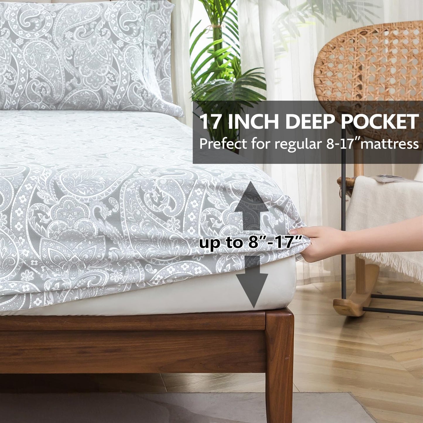 KACEMOO California King Size Sheets, Soft Gray Paisley Bed Sheets, Floral Printed Pattern Sheet Set with Deep Pocket, Breathable 1800 Thread Fitted Microfiber Bed Sheets