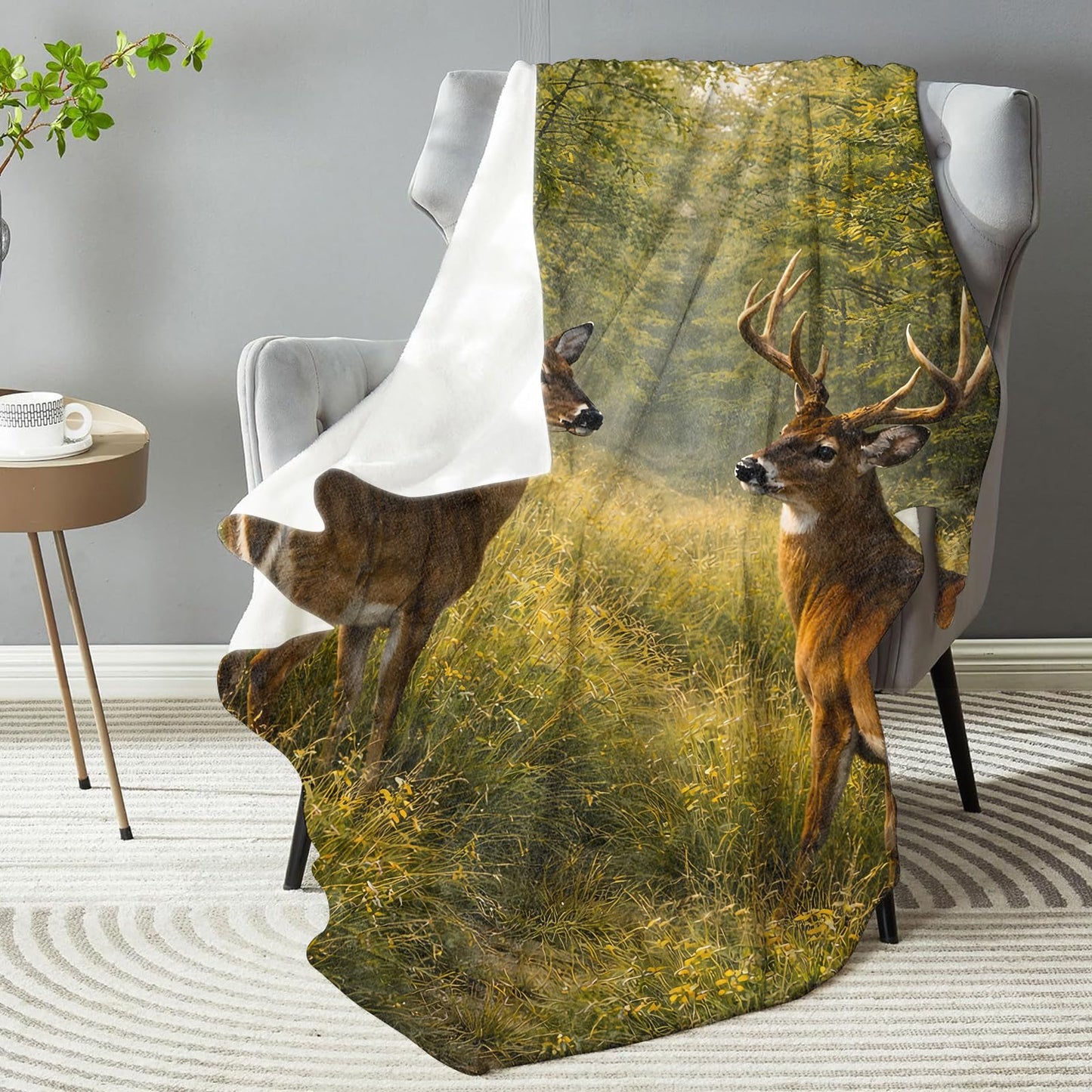 dhakalrlde Deer Forest Blanket, Soft Wildlife Buck and Doe Nature Scene Throw Woodland Animal Blanket Gifts for Women Girls, Lightweight Warm Cozy 60×50 inch Flannel for Couch, Travel, Bed, Decor