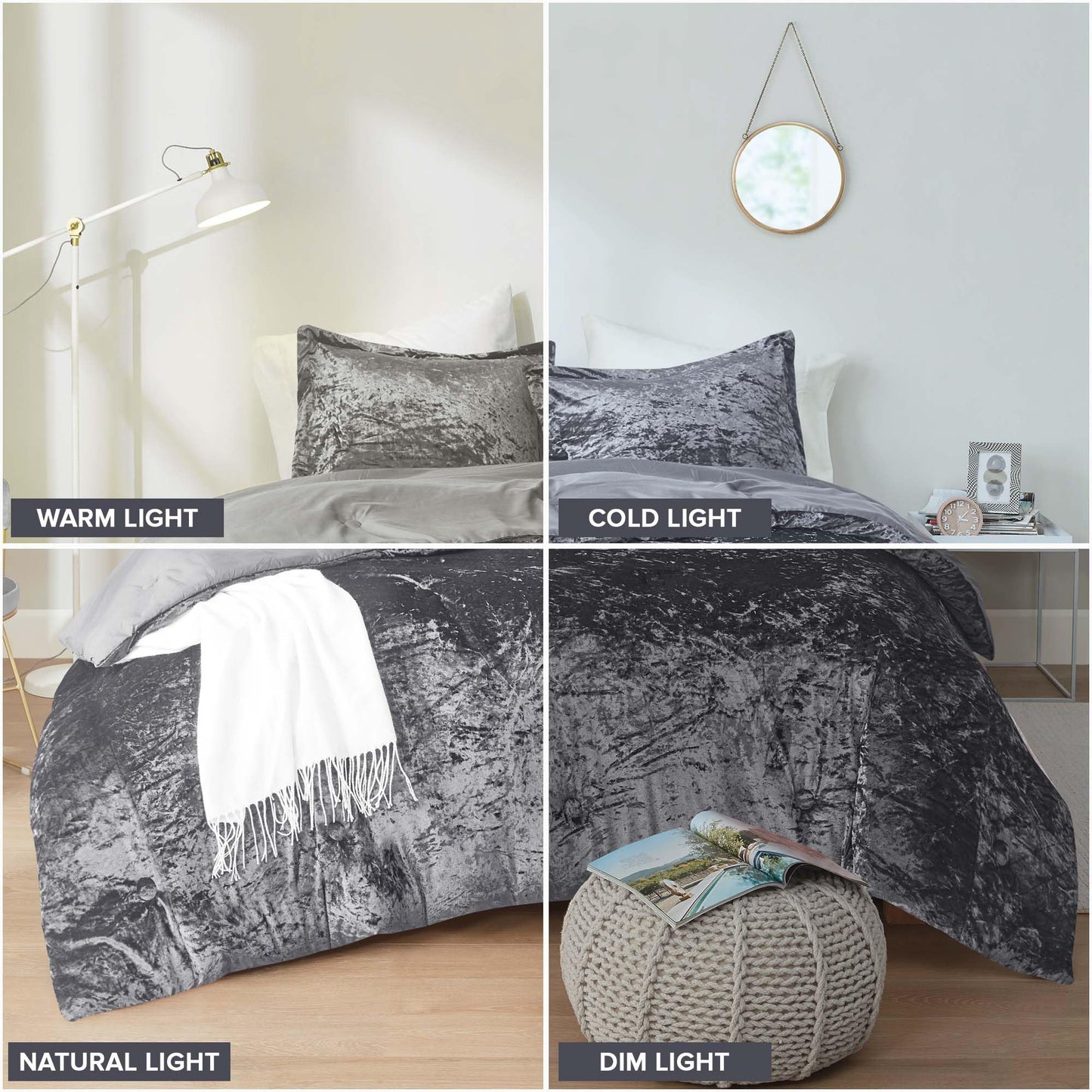 Comfort Spaces Juliette Luxe Comforter Set Velvet Lush with Soft Brushed Microfiber Reverse, All Season Cozy Velvet Bedding Sets, Fluffy Comforter Bed Set, Matching Sham, Grey Full/Queen 3 Piece
