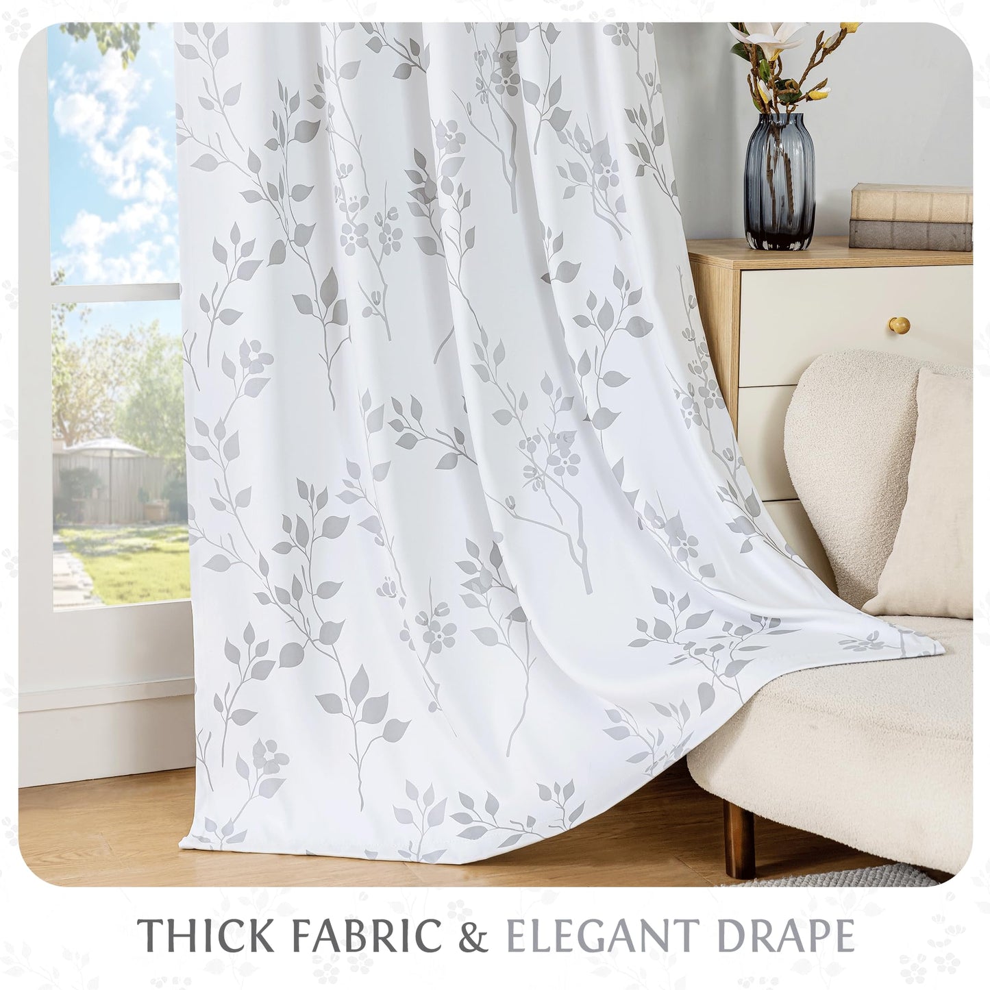 Beauoop Floral 100% Blackout Curtains 84 Inches Long 2 Panels for Bedroom Living Room Grey White Flower Patterned Room Darkening Thermal Insulated Soundproof Grommet Window Treatments Drapes, 52X84