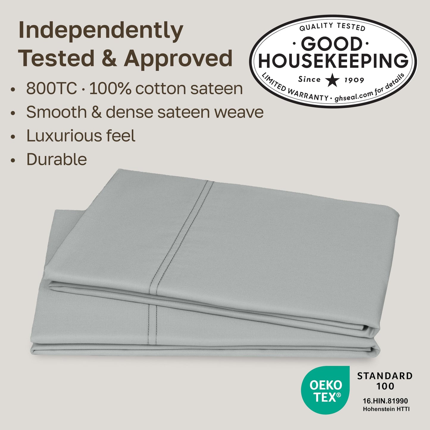 Heirloom Soft, Smooth & Thick Certified 800 Thread Count 100% Cotton Sateen, 2 Pillow Cases King Size, Fits King Pillows (Light Grey)