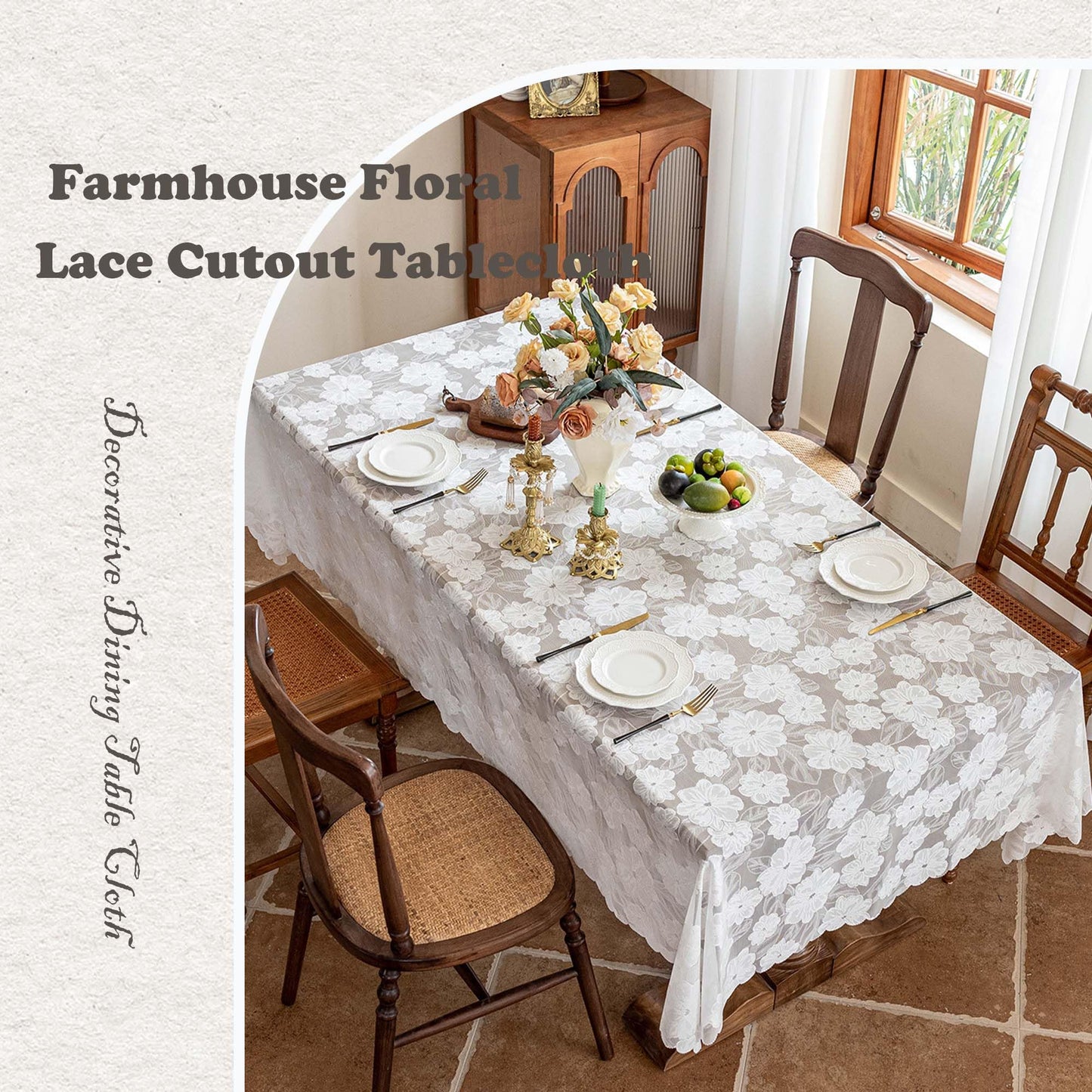 Floral Lace Cutout Rectangular Tablecloth Elegant Jacquard Lace Table Cover Romantic Farmhouse Tablecloth Decorative Dining Table Cloth for Kitchen, Dining Room, Wedding, Party (Camellia, 55''x86'')