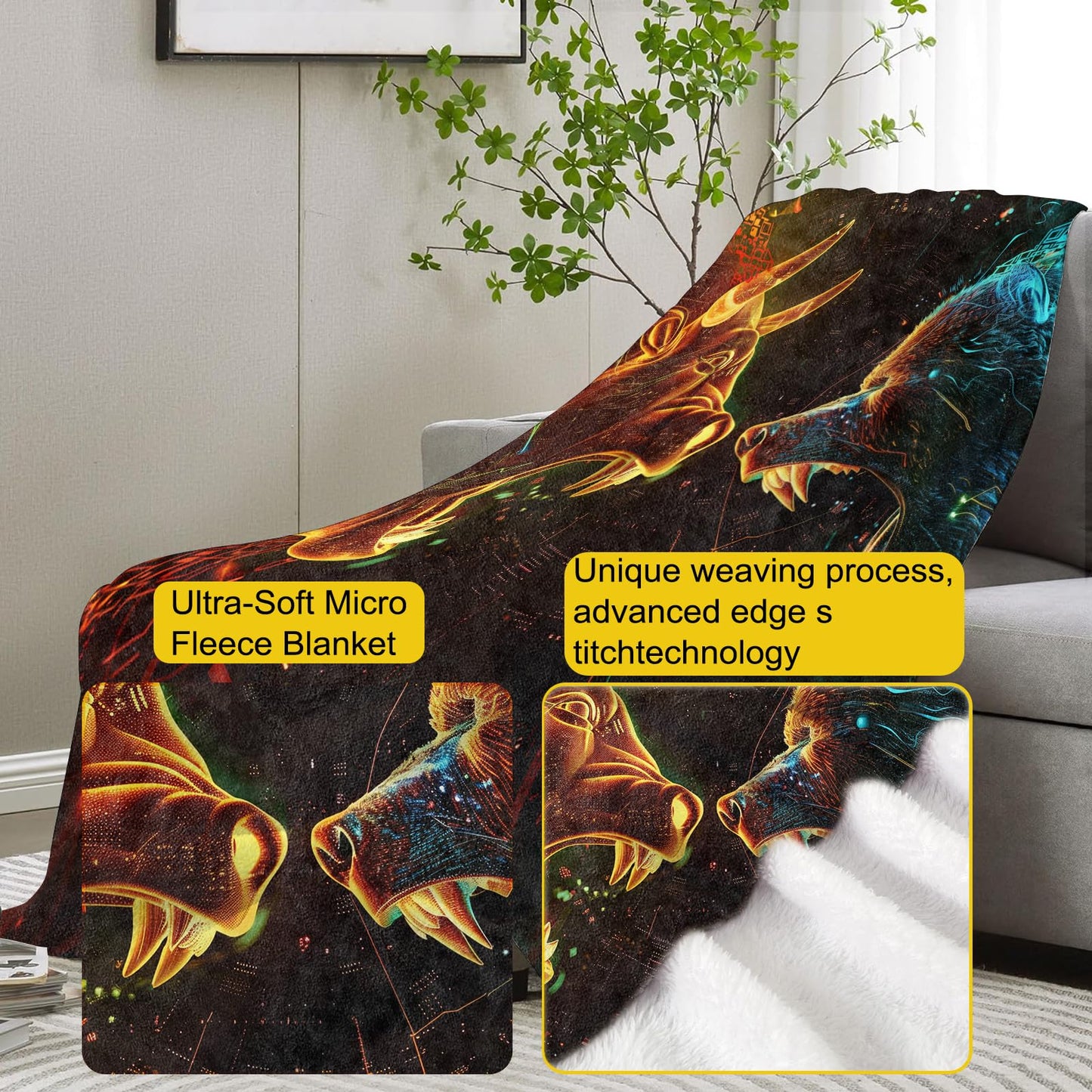 VANZEV Bull and Bear Market Throw Blanket Gifts, Soft Cozy Fleece Blanket with Neon Stock Market Print, Blanket for Couch Bed Sofa, Perfect for Traders and Finance Enthusiasts, 50x60 in
