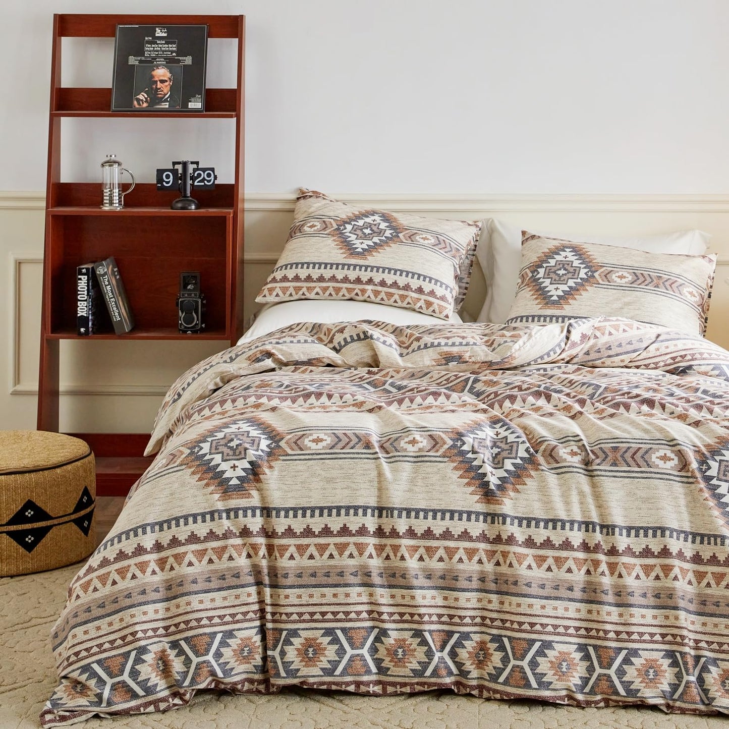 YuHeGuoJi Vintage Aztec Duvet Cover King 100% Cotton 3 Pcs Set 1 Brown Boho Triangle Duvet Cover with Zipper Ties 2 Pillowcases Western Tribal Geometric Bohemian Bedding Set Soft
