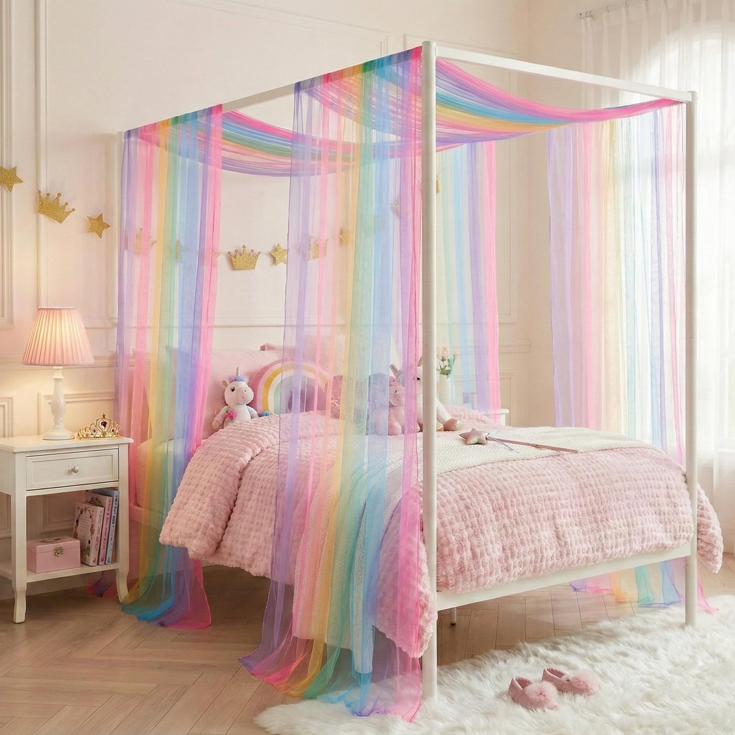 WANFASO Rainbow Bed Canopy for Girls, Sheer Twin Canopy Bed Curtains with Lights, Princess Canopy Scarf for Girls Bed Room Decor (2 Panel)