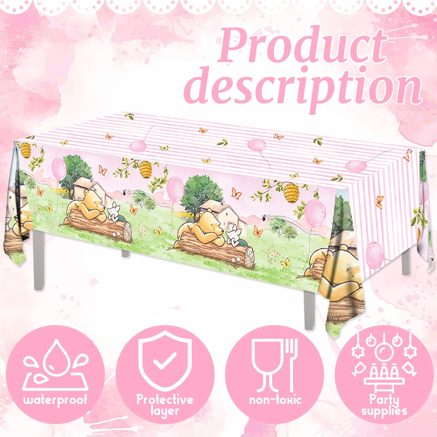 FOLNESH 3PCS Pink Classic Bear Baby Shower Tablecloths, Kids Girls First Birthday Party Decorations Bear Themed Table Cover Party Supplies -54x108IN