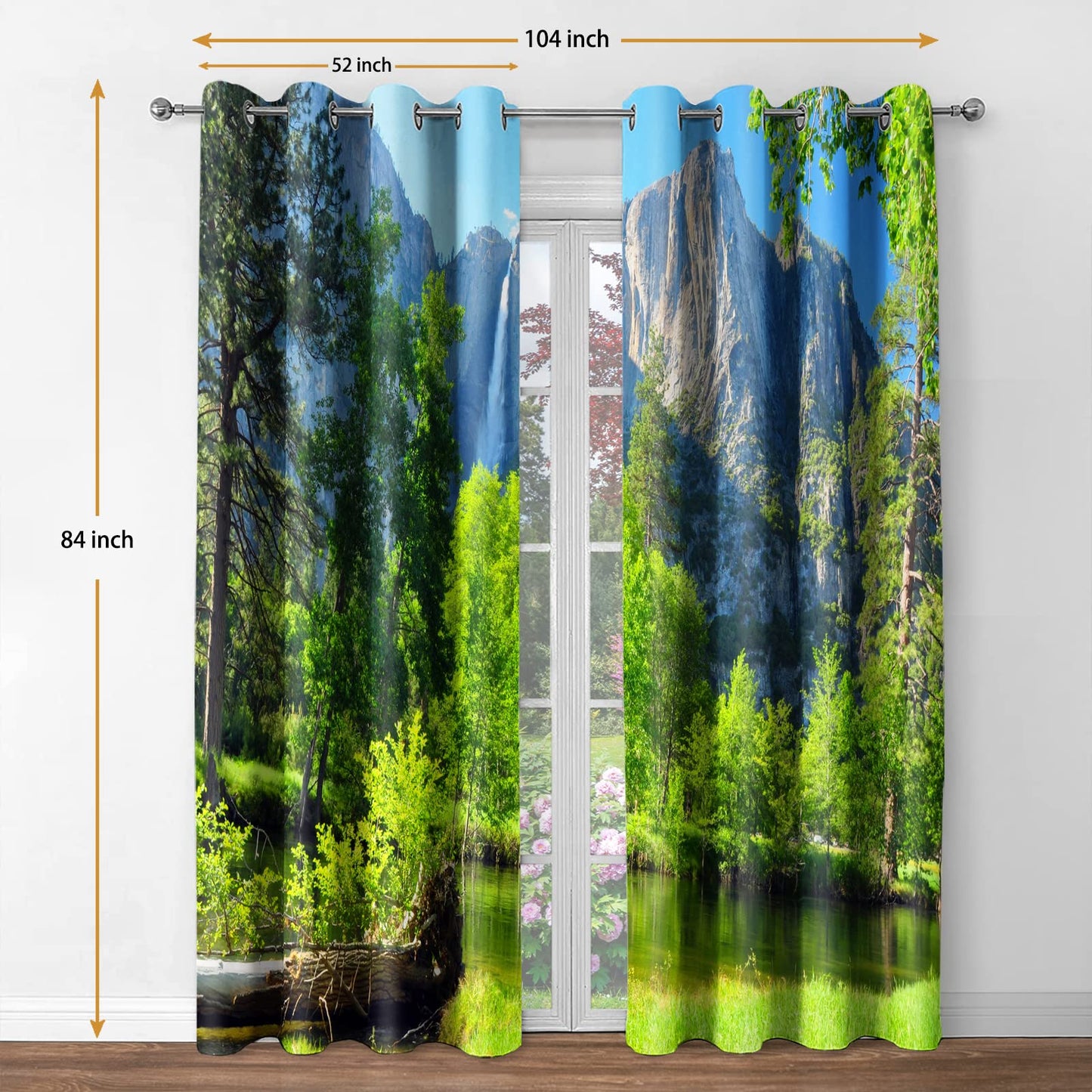 Jekeno Mountains Forest Blackout Curtains Jungle Green Trees River Lake in Bright Sunshine Nature Scenery Decor Bedroom Living Room Darkening Grommet Window Drapes 2 Panel Set, 52"x84"