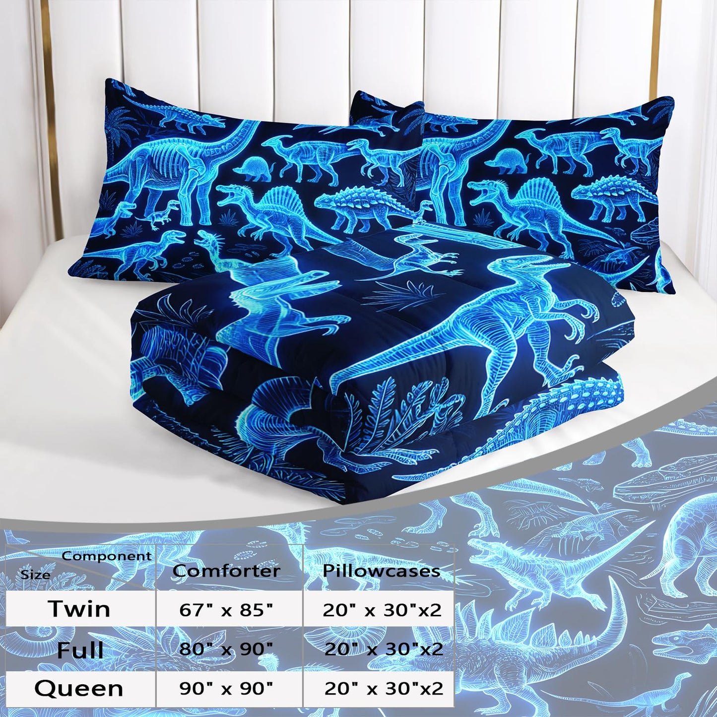 AILONEN Neon Blue Dinosaur Queen Comforter Set, 3D Holographic Skeleton Microfiber Quilt, All Season Fossil Adventure Bedding for Guestroom Home Styling, 1Quilt+2Pillowcases