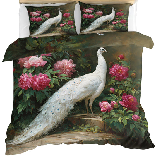 Peacock Comforter Cover Twin Size 68" x 90", White Peacock Duvet Cover, Vintage Floral Birds Bedding Set with 2 Pillowcases