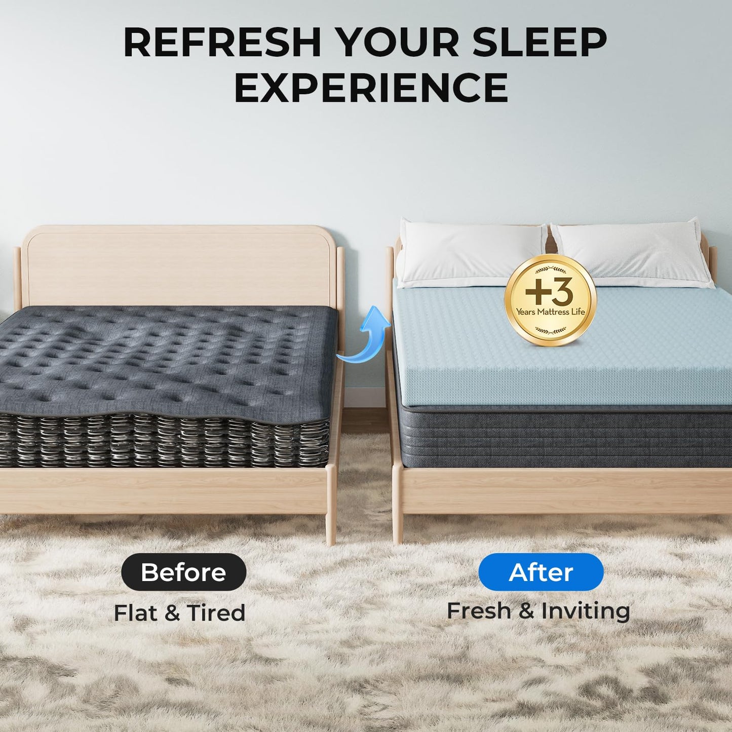 OhGeni Memory Foam Mattress Topper Pad, with Cover, Soft Bed Cover with Anti-Slip Base, Size Full, Style 3 Inch