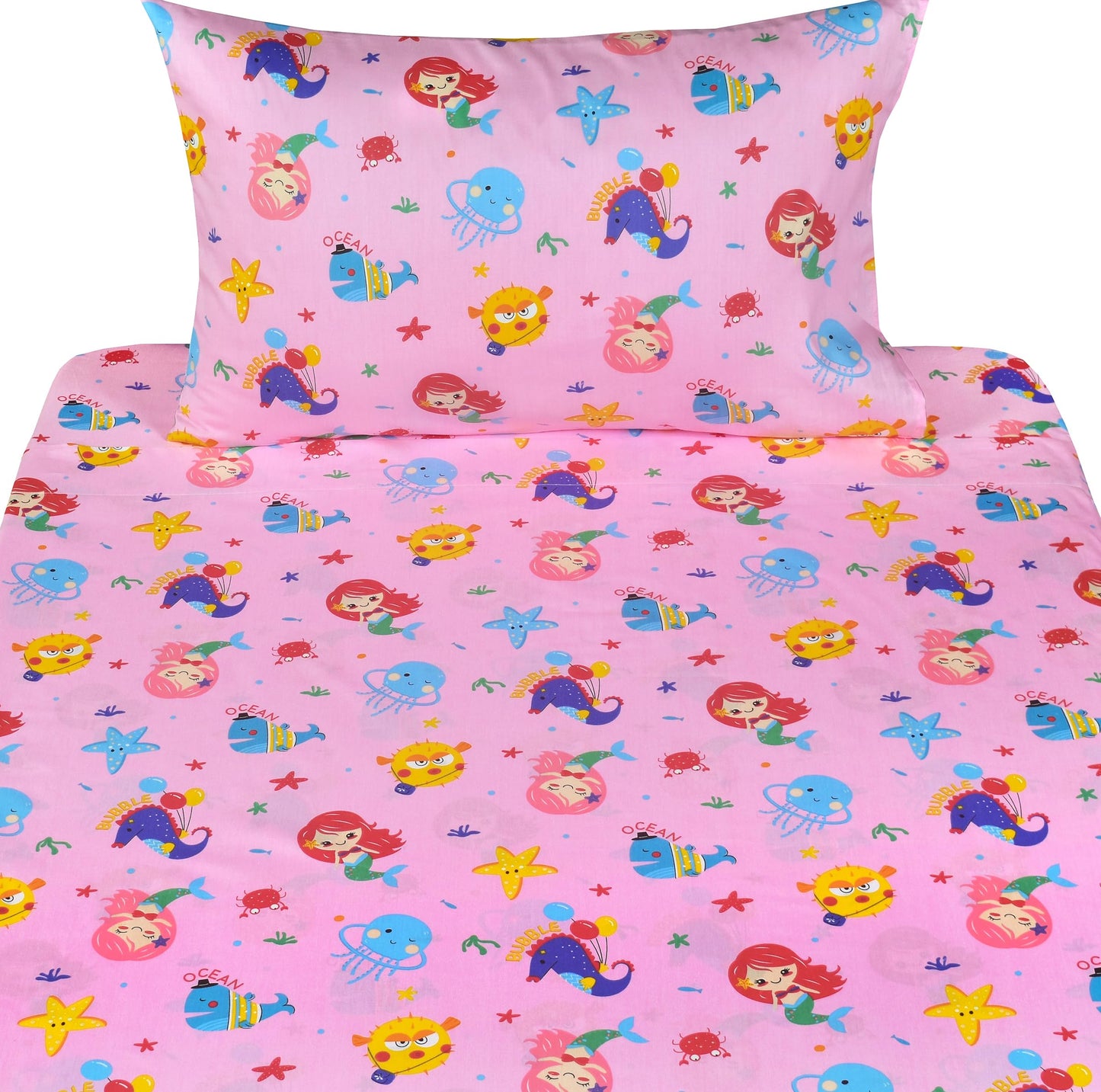 J-pinno Mermaid Fish Whale Pink Ocean Animals Cute Cartoon 100% Cotton 3 Pieces Twin Sheet Set for Kids Girls Boys Children Flat Sheet + Fitted Sheet + Pillowcase Bedding Decoration Gift Set