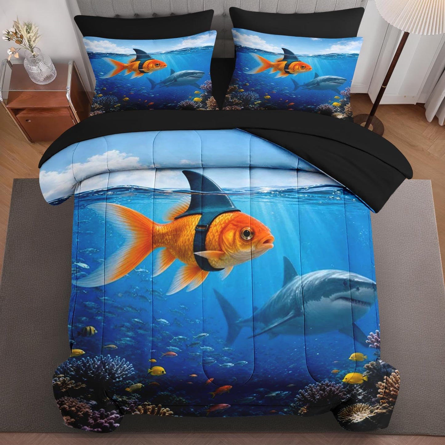 Boewywh Comforter Set Twin Size Funny Shark Ocean 7 Pcs, Bedding for Kids and Adults, Fish Blue Bed Sheet Sets with Fitted Sheet 2 Pillowcases & 2 Shams for Bedroom Bed Decor