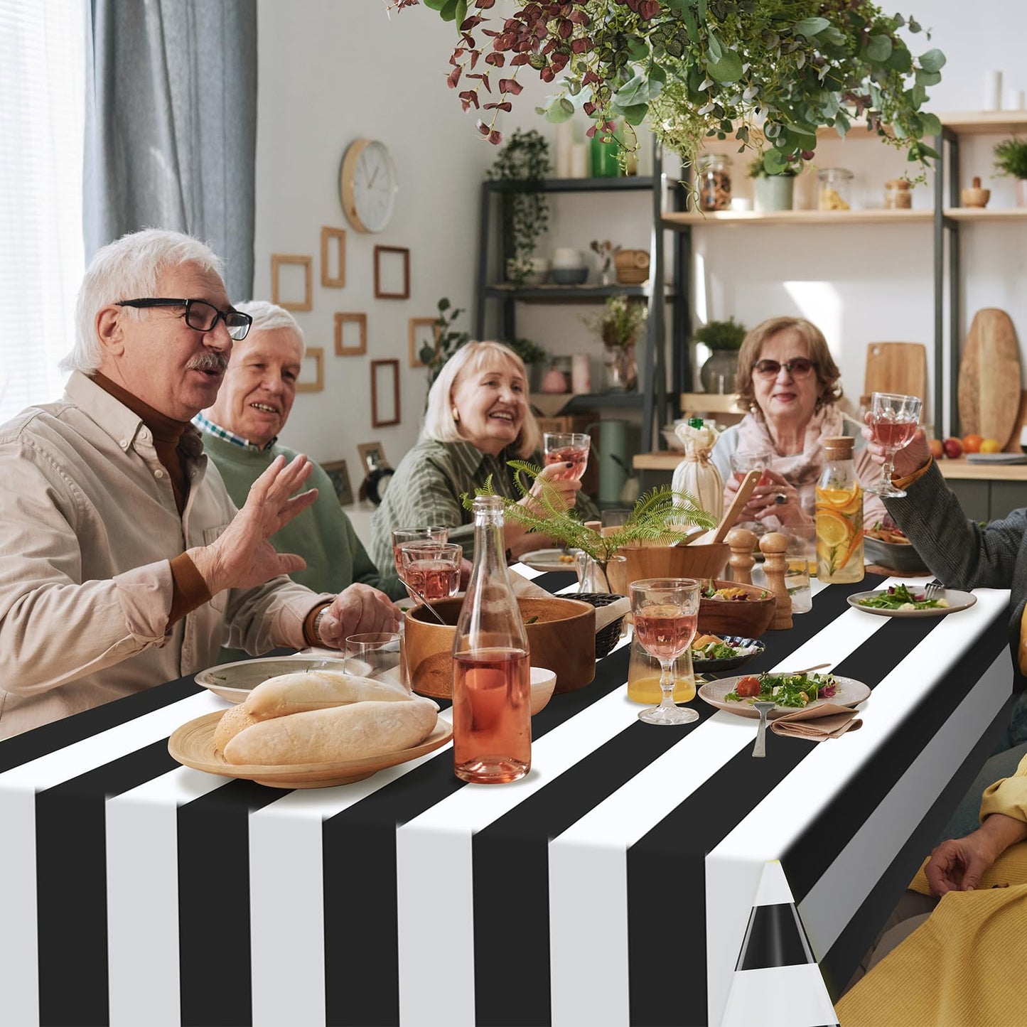 3pcs 54x108Inch Black and White Horizontal Striped Table Cloth Classic Black Stripe Tablecloths Disposable Plastic Stripe Waterproof Table Covers for Picnic Halloween Ghost Party