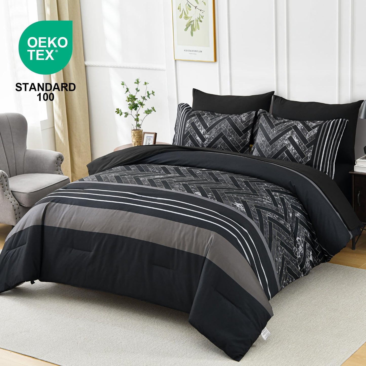 Luxudecor Black Comforter Set King Size, 7 Pieces Stripe Geometric Bed in a Bag, Geometric Comforter and Sheet Set, Soft Microfiber Complete Bedding Sets for All Seasons