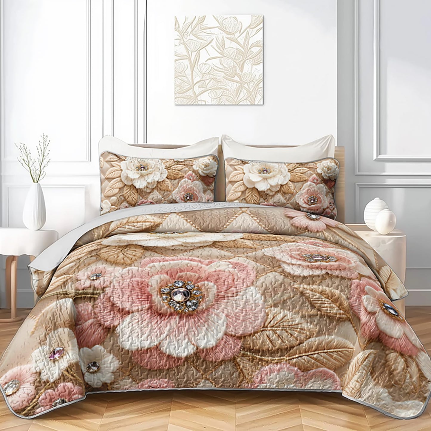 QOOMO Cartoon Flowers Quilt Set,3 Pieces Plant Printing Bedspreads Coverlet Set Twin Size,Soft Microfiber Lightweight Bedding Set with 1 Quilt 2 Pillowcases for All Season