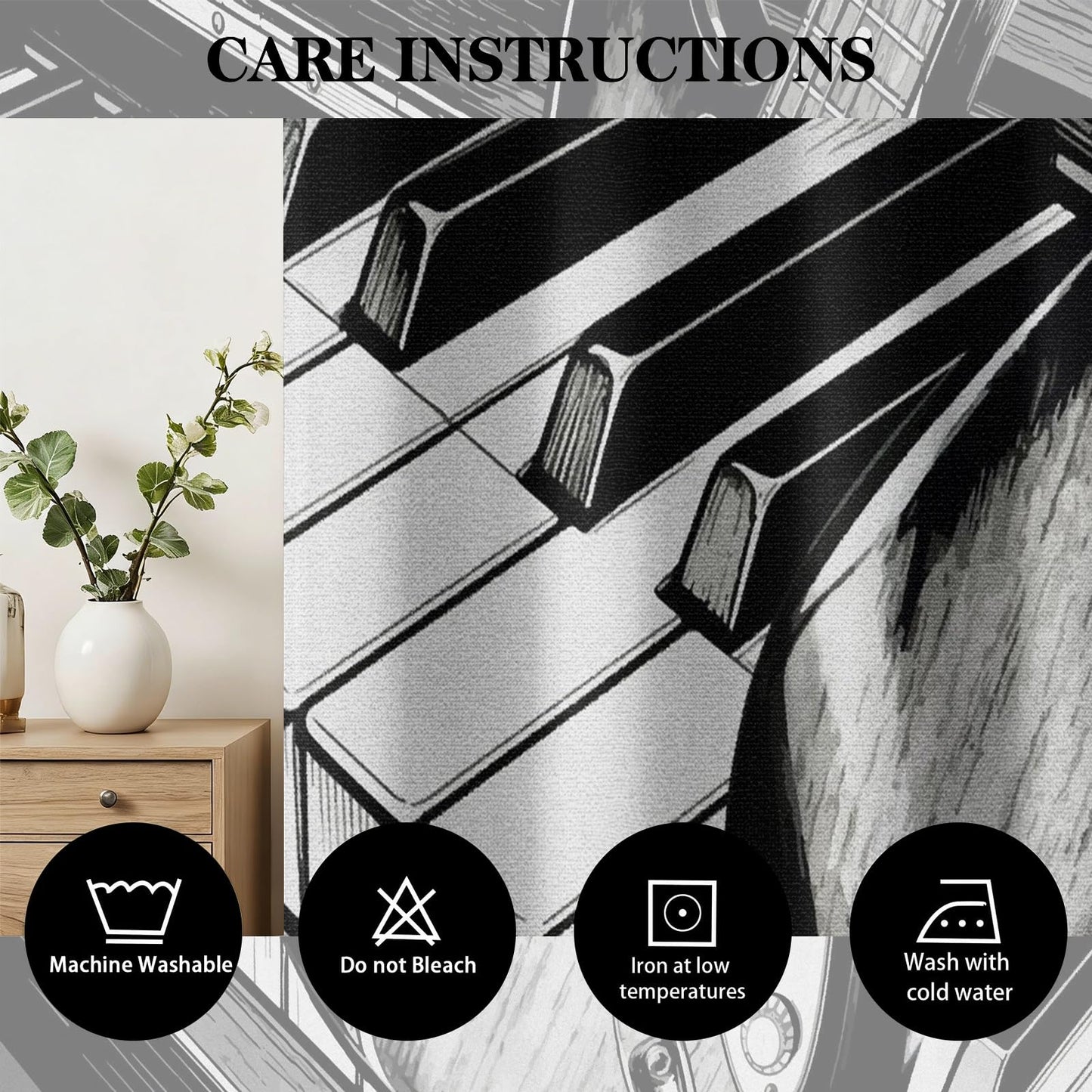 MBVZGUK Black and White Piano Keys Electric Guitar Sketch 63 Inch Curtains 2 Panel Set, Music Instrument Room Darkening Curtains, Musical Art Curtain for Boy Teen Bedroom Decor