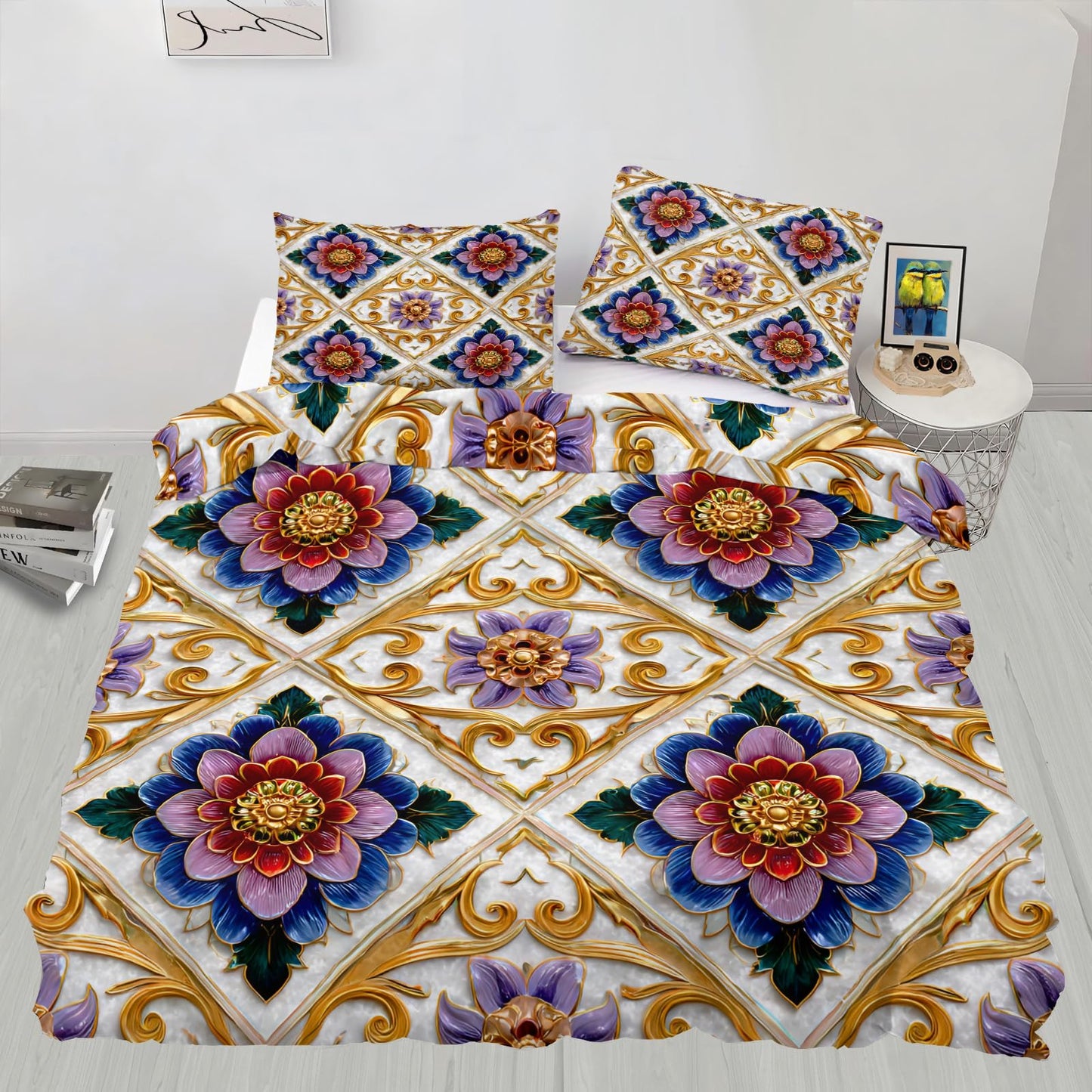 ZAMODE Floral Duvet Cover 120" x 98", Vintage Exotic Flower Bedding Set, Luxury Flowers Comforter Cover with Zipper Ties