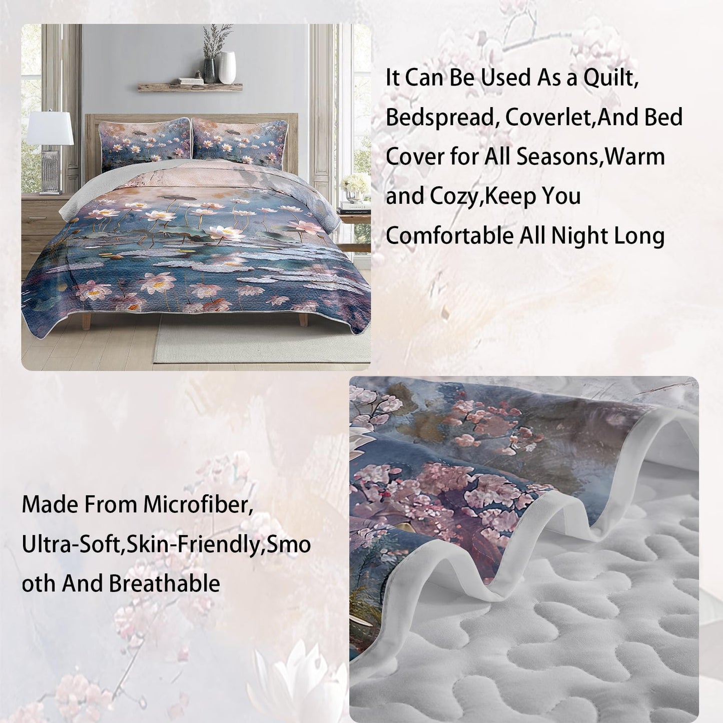 AILONEN King Quilted Comforter 3-Piece Set, Aesthetic Lotus Pond Bedspread Coverlet with 2 Pillowcases, Soft Zen Painting Bedding for Adults Luxury Suite Large Size Floral Impressionist