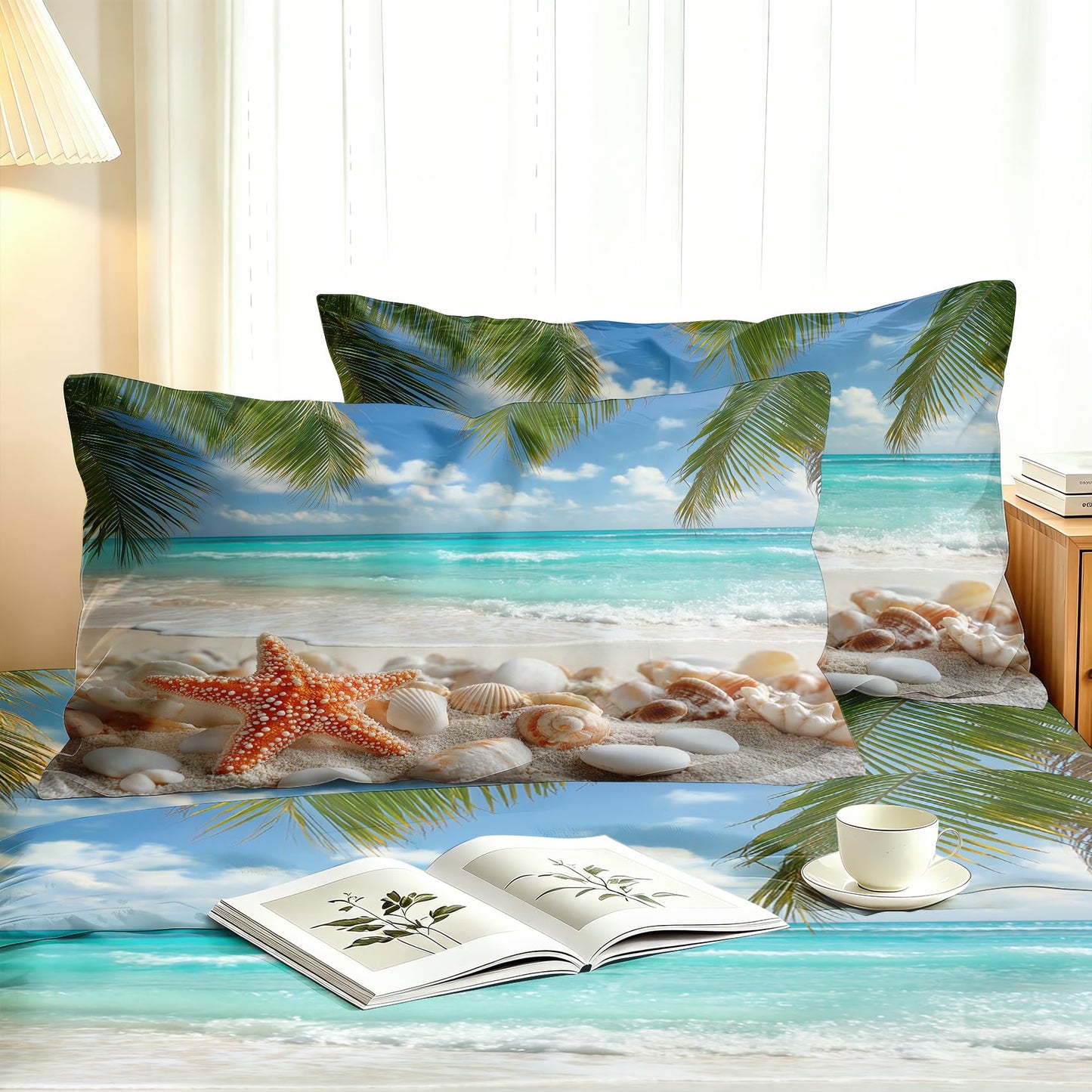 Tropical Beach Sheet Set, 4 Pcs Queen Size Starfish Seashells Bed Sheets
