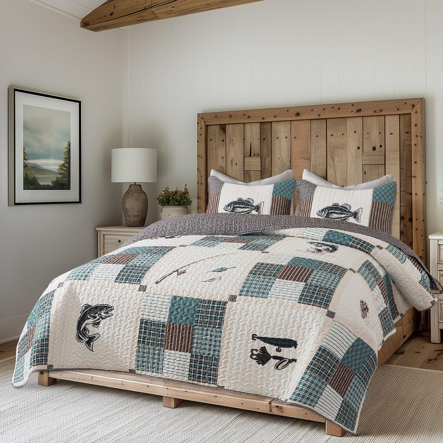 Soul & Lane Fishing Quilt Set – Queen and 2 Shams, Cozy Lake Bedding for Lodge or Cabin Themed Rooms, Rustic Bedspread with Fish Theme Design, Quilted Cabin Coverlet, Fisherman’s Tale