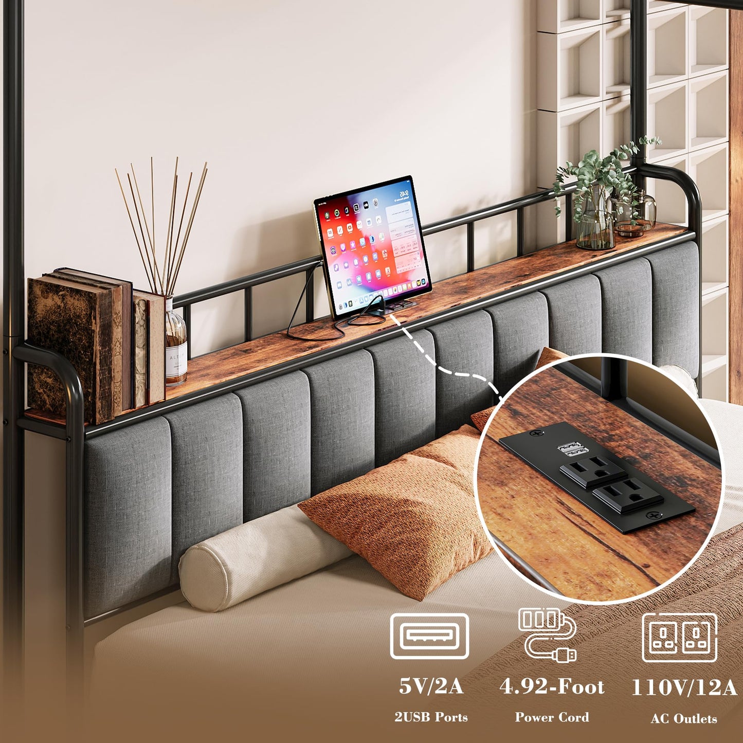 LIKIMIO Canopy Bed Frame King, Storage Headboard with Charging Station, Platform Bed with 4 Removable Sturdy Posts, Noise Free, No Box Spring Needed, Vintage Brown
