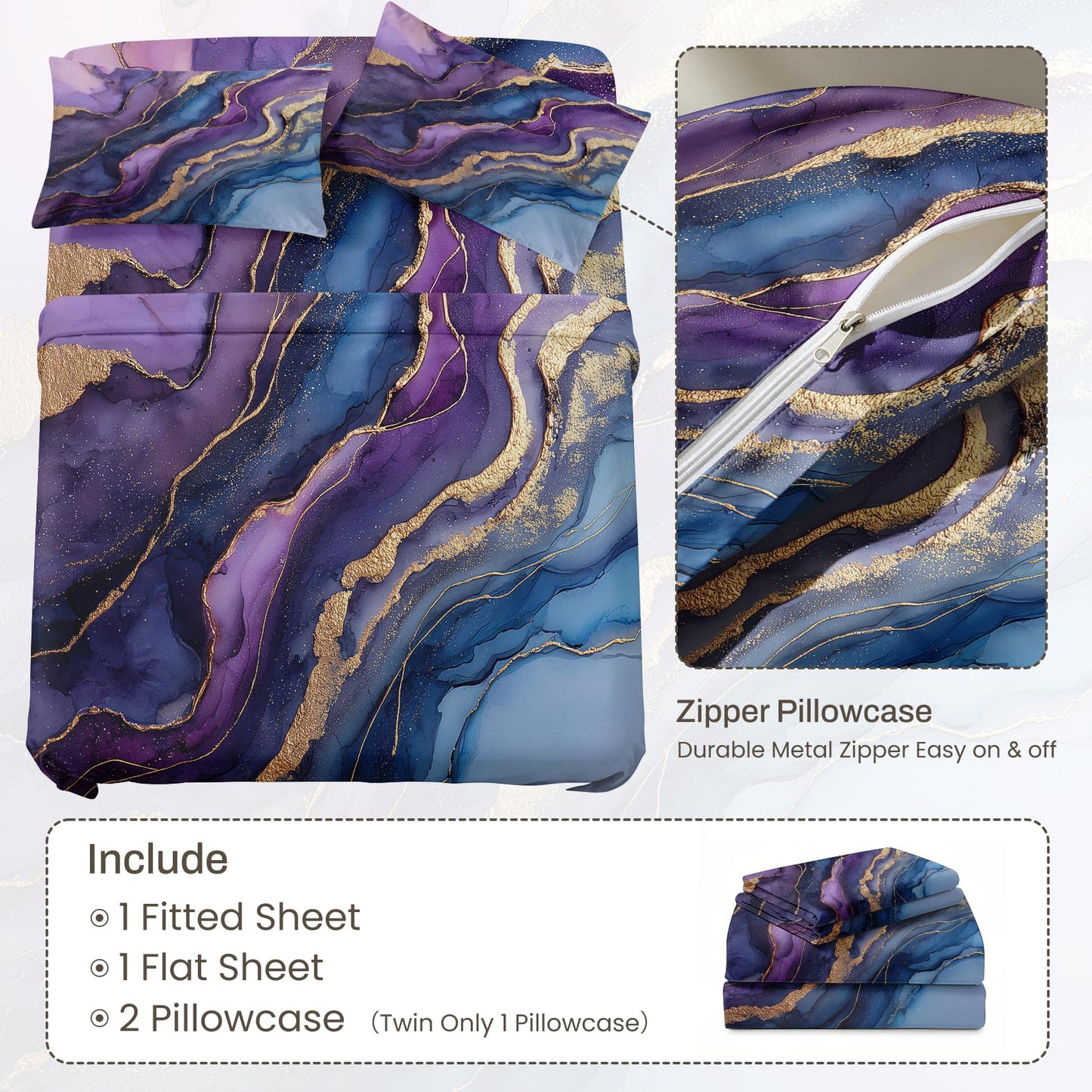 Purple Marble Full Sheet Set Abstract Flat Fitted Sheet Sets, Gold Purple