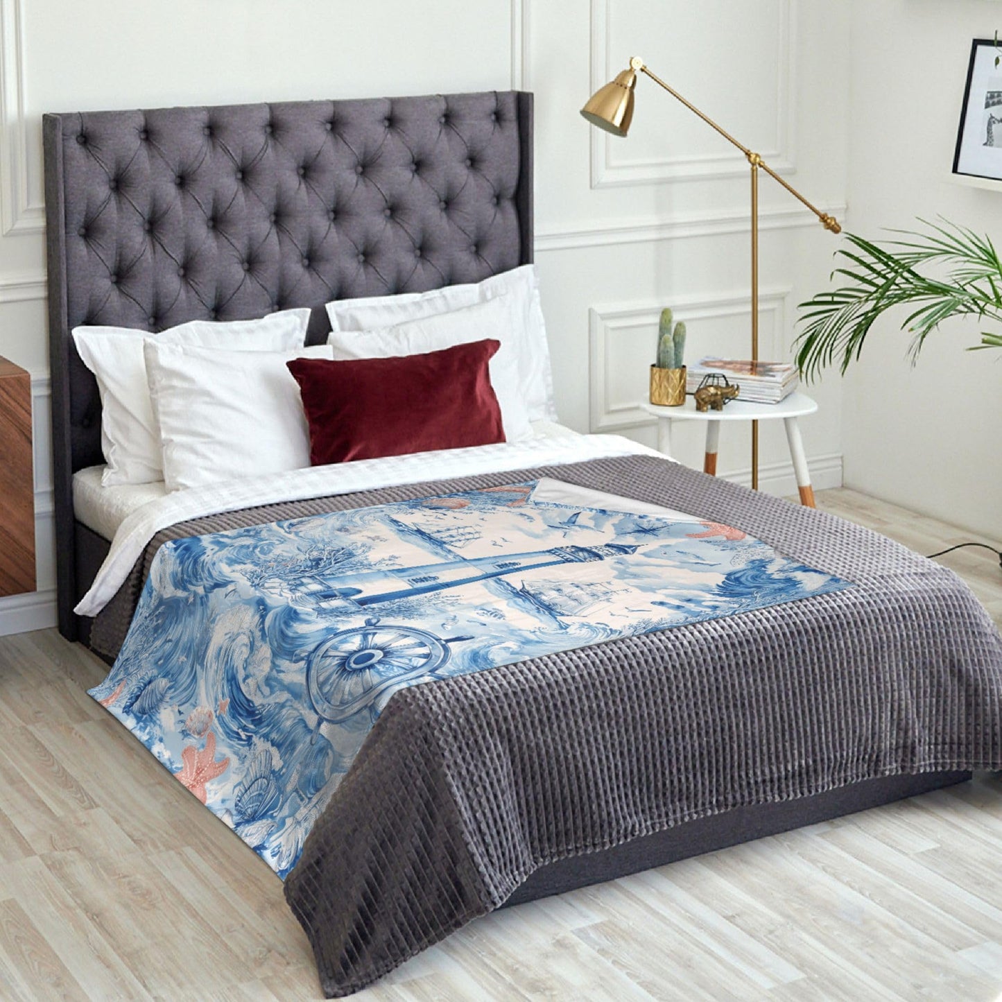 Nautical Navy Blue Ocean Beach Flannel Throw Blanket Soft Cozy Blanket for Living Room Couch Sofa Bed 50 x 60 Inches