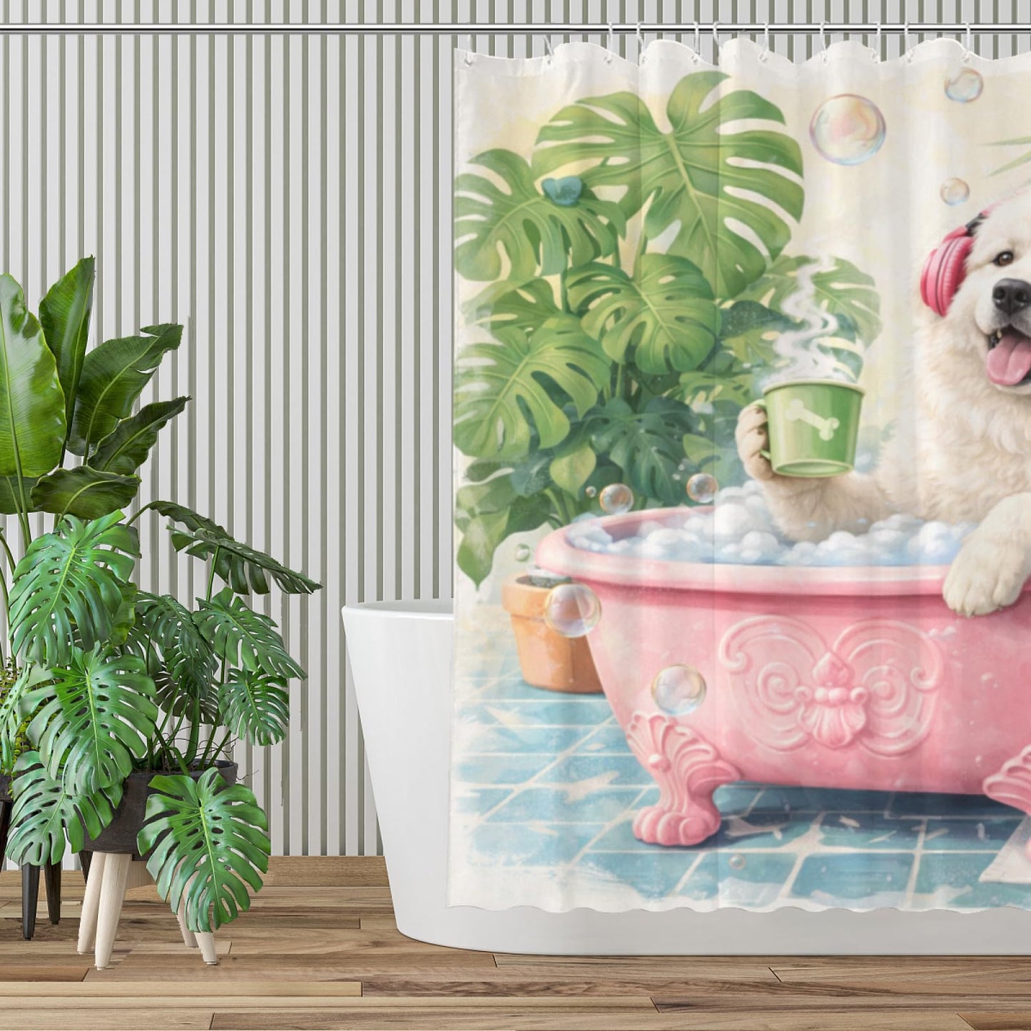 Wordatu Great Pyrenees Bathtub Green Plants Shower Curtain Cute Pet Animal Bathroom Waterproof Shower Curtain 72x72 with 12 Hooks（24455）
