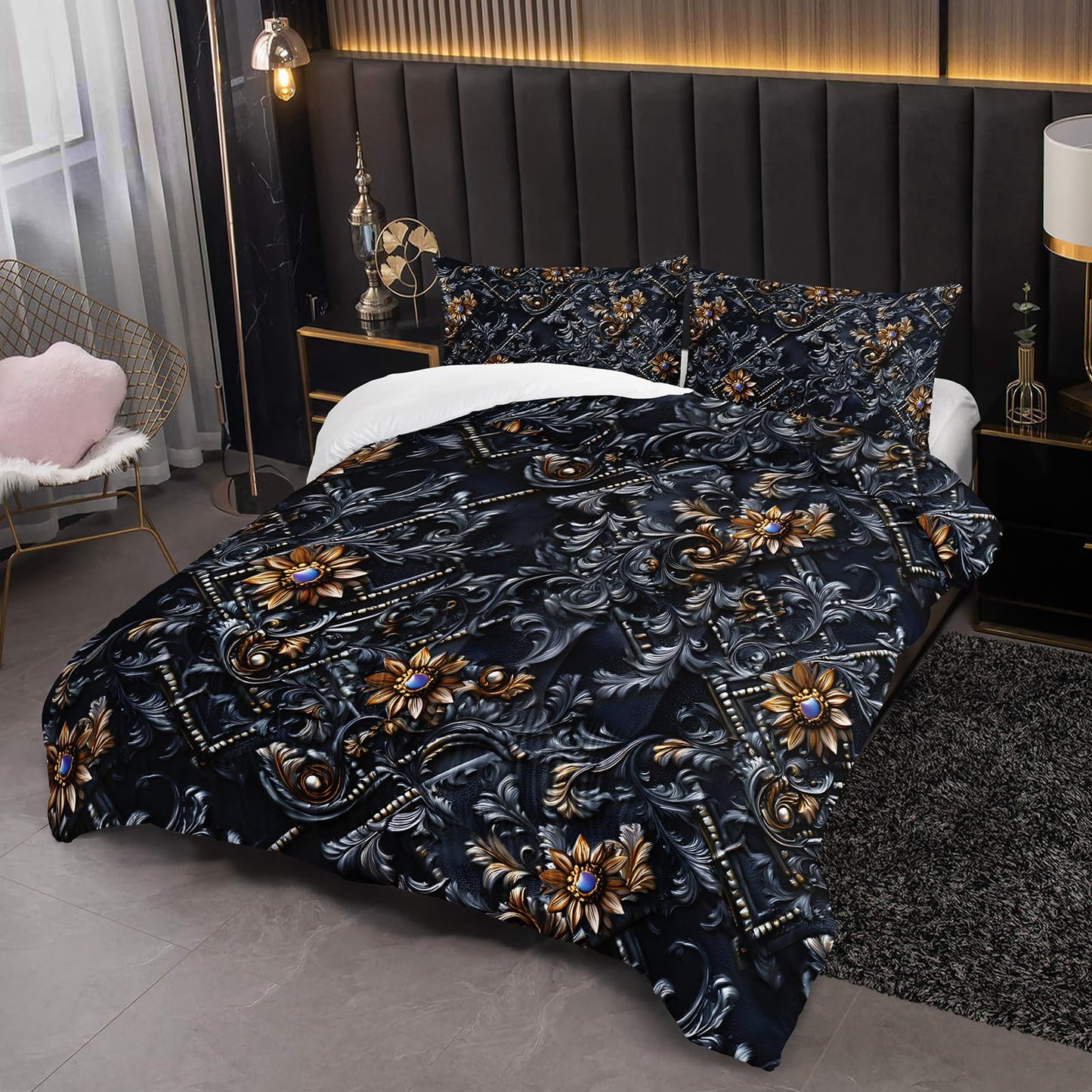 lneffble Black and Gold Floral Comforter Queen Set，Victorian Gothic Bedding Set Queen，with 1 Comforter with 2 Pillow Case，Floral Bedroom Decor Black