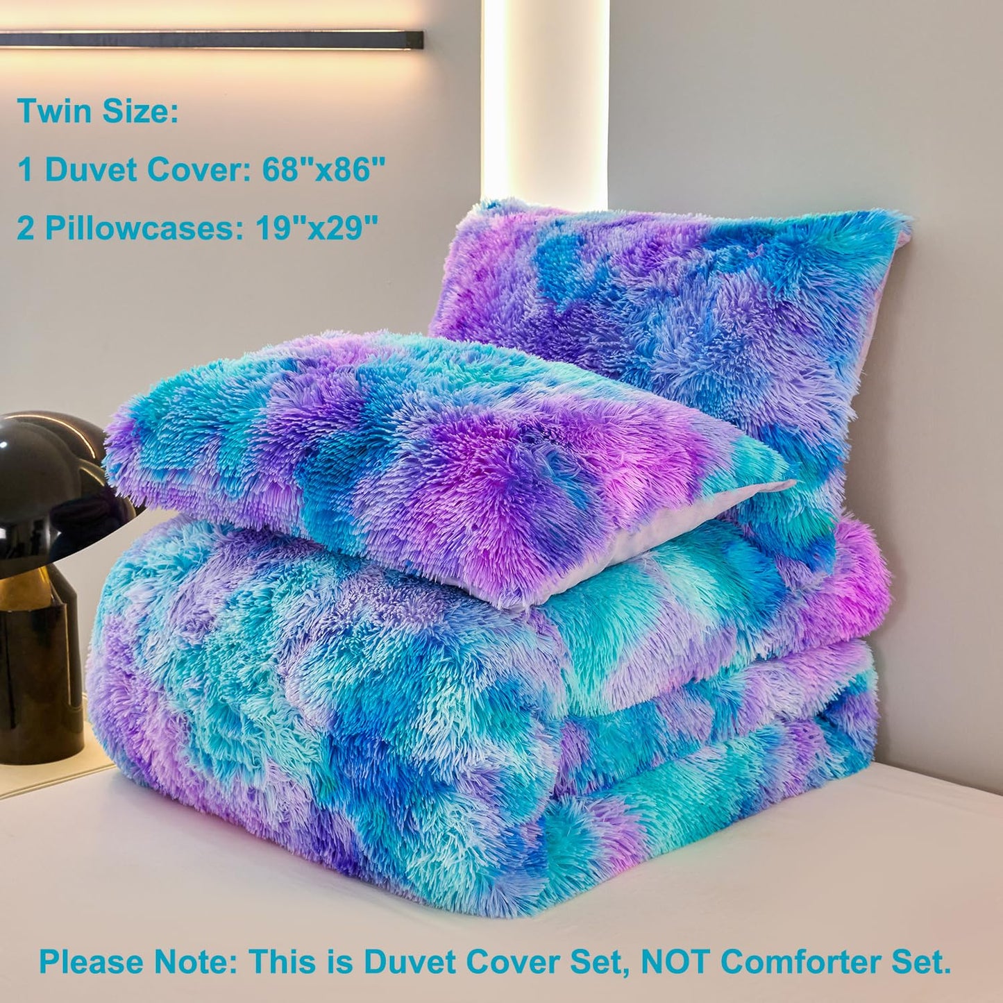SUCSES Blue Purple Fluffy Twin Bedding Sets for Girls 3Pcs Faux Fur Plush Shaggy Kids Duvet Cover Set Twin Size Tie Dye Velvet Furry Comforter Cover Set
