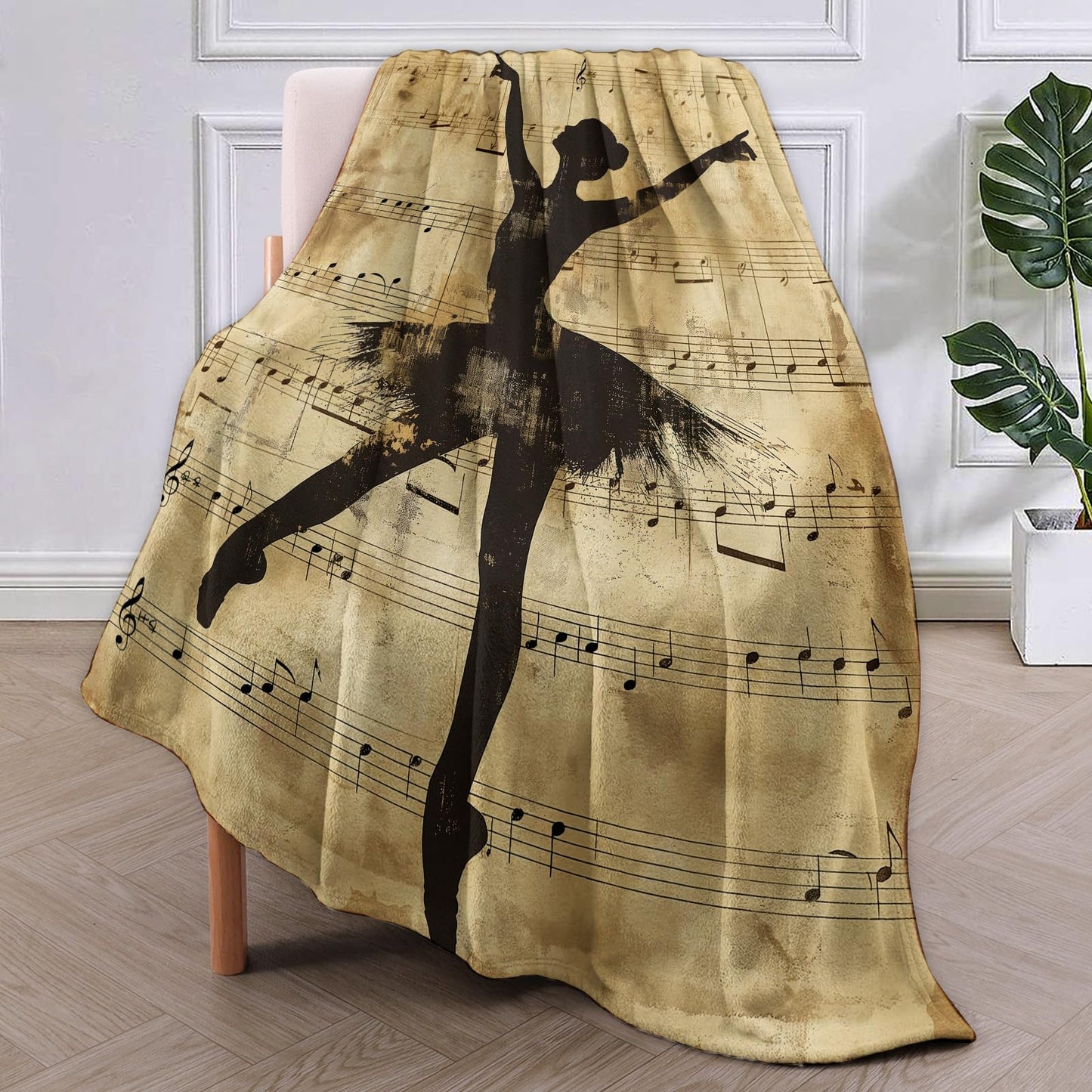 VANZEV Vintage Ballerina Throw Blanket Gifts, Soft Cozy Fleece Blanket with Ballet Dancer and Musical Notes Print, Blanket for Couch Bed Sofa, Perfect for Dancers and Music Lovers, 50x60 in