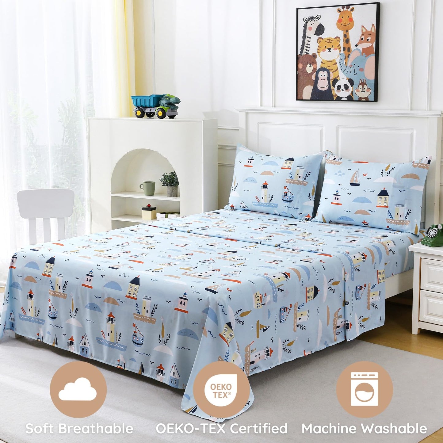 MCO Sailboat Kids Full Size Bed Sheets, Soft Microfiber Full Size Sheets for Boy Girls, 4 Pieces Breathable Full Bed Sheet Lighthouse