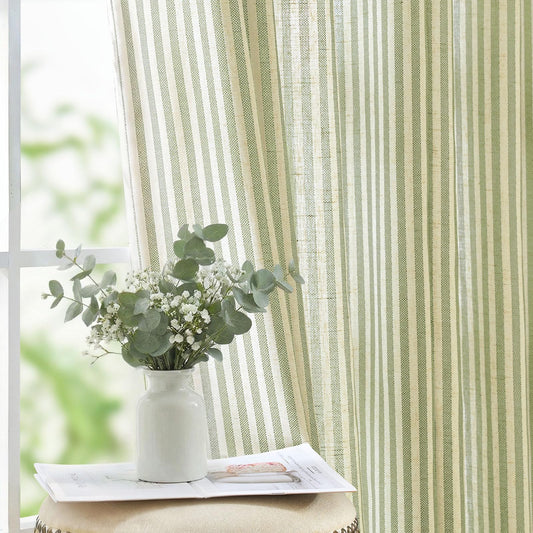 jinchan Linen Curtains for Living Room Sage Green on Beige Striped Curtains for Bedroom Ticking Stripe Pattern Light Filtering Farmhouse Cottage Core Rustic grommet Window Treatment 2 Panels 84 inches