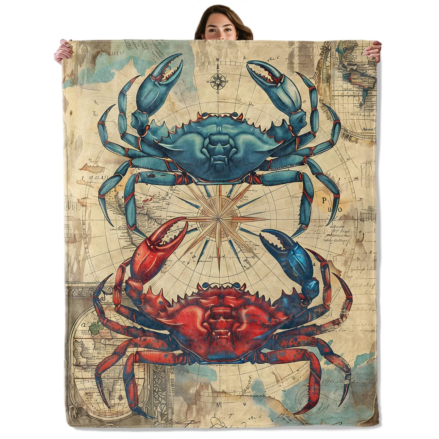 Nautical Crab Throw Blanket for Boys Girls Kids Adults Women, Fuzzy Warm Soft Cozy Flannel Blankets Gifts for Bedroom, Couch, Travel, Home Decor 50x60 in
