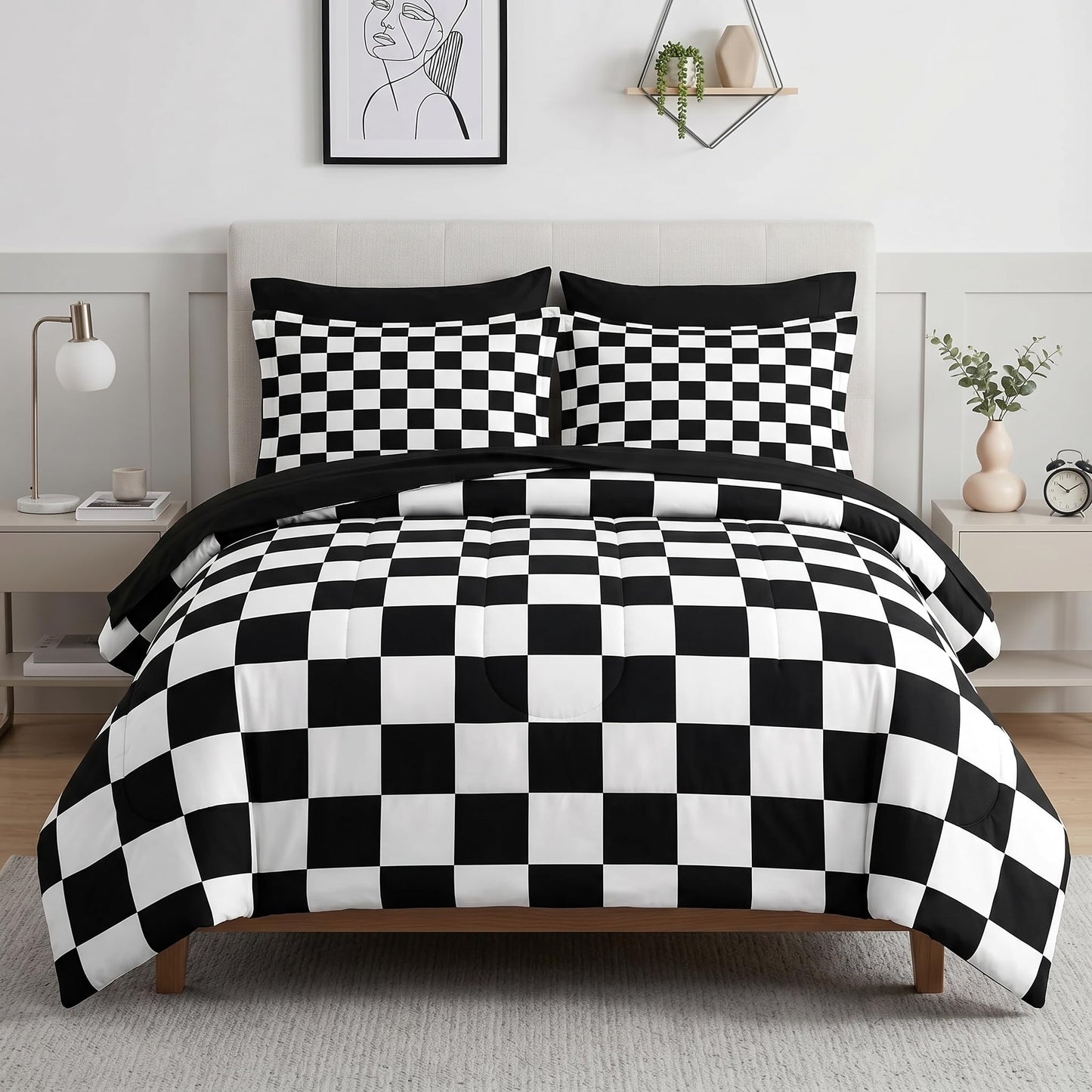 Nesker Comforter Set King Size, Black and White Plaid Geometry 7 Pcs Bedding for Kids and Adults, Checkerboard Grid Black Bed Sheet Sets with Fitted Sheet 2 Pillowcases & 2 Shams