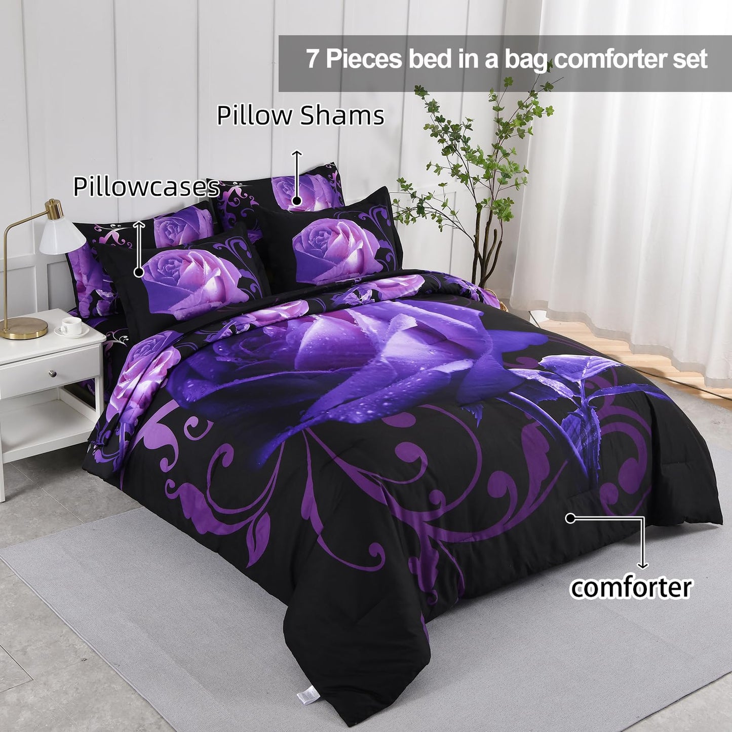 Xruibed Floral Comforter Set King 7 Piece Bed in a Bag Purple Rose Flower Comforter with Sheet Set Soft Micorfiber Bedding Set (1 Comforter,2 Pillow Shams,1 Flat Sheet,1 Fitted Sheet,2 Pillowcases)