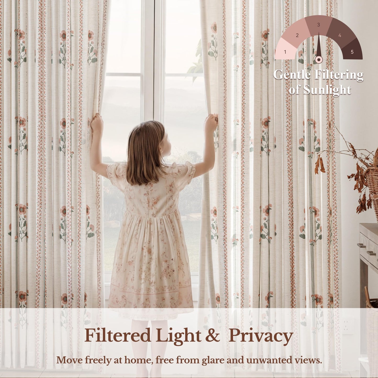 Pinch Pleated Nursery Curtains Luxury Pink Sheer Floral Curtains for Girls Room Bedroom Living Room - 108 Inch Length Modern Farmhouse Floral Printed Drapes with Hooks - 2 Panels Set