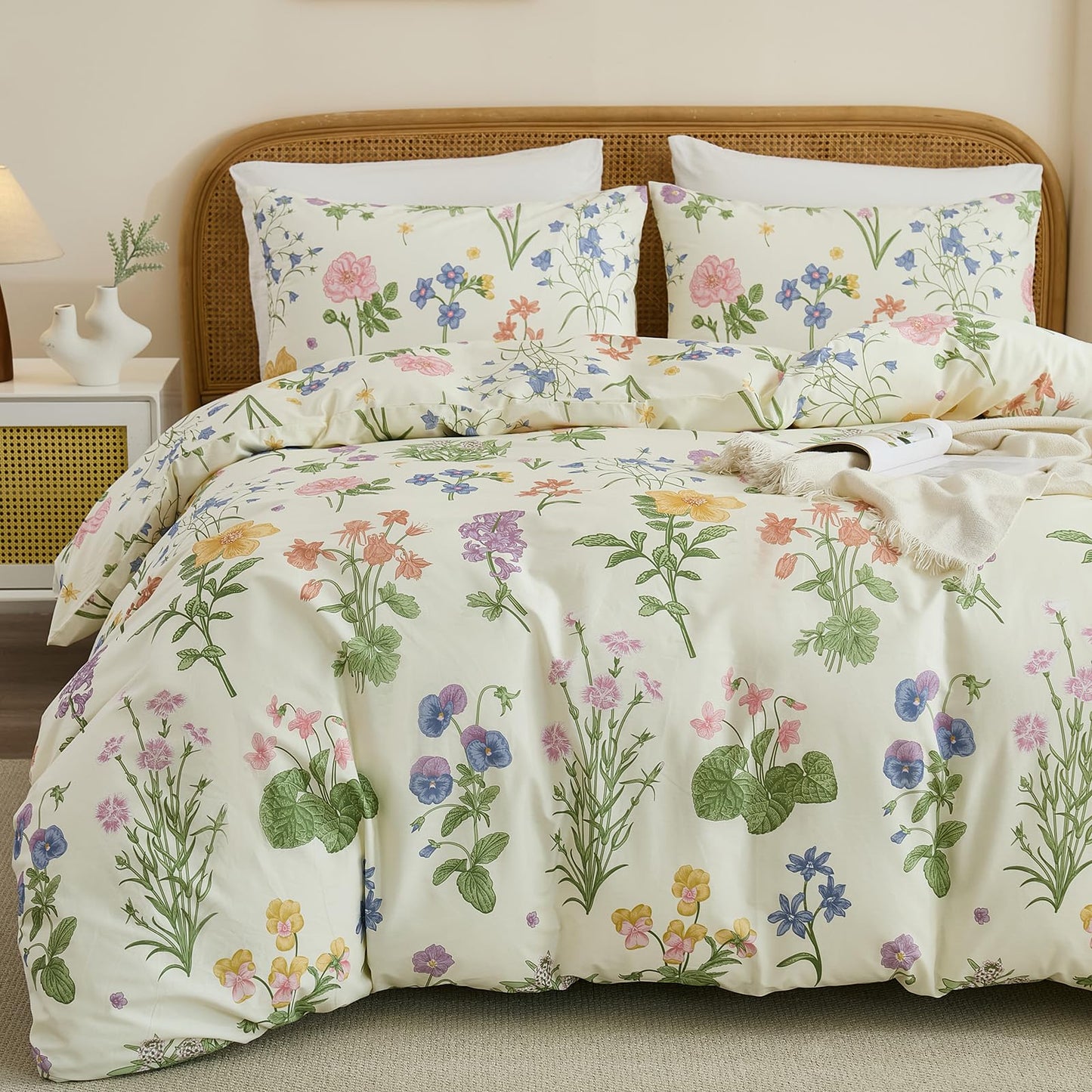Cozaline 100% Cotton Duvet Cover King Size – Botanical Garden Print, Green Floral Duvet Cover Set with Zipper Closure, 3-Piece Soft Breathable Natural Cotton Bedding Set for All Seasons
