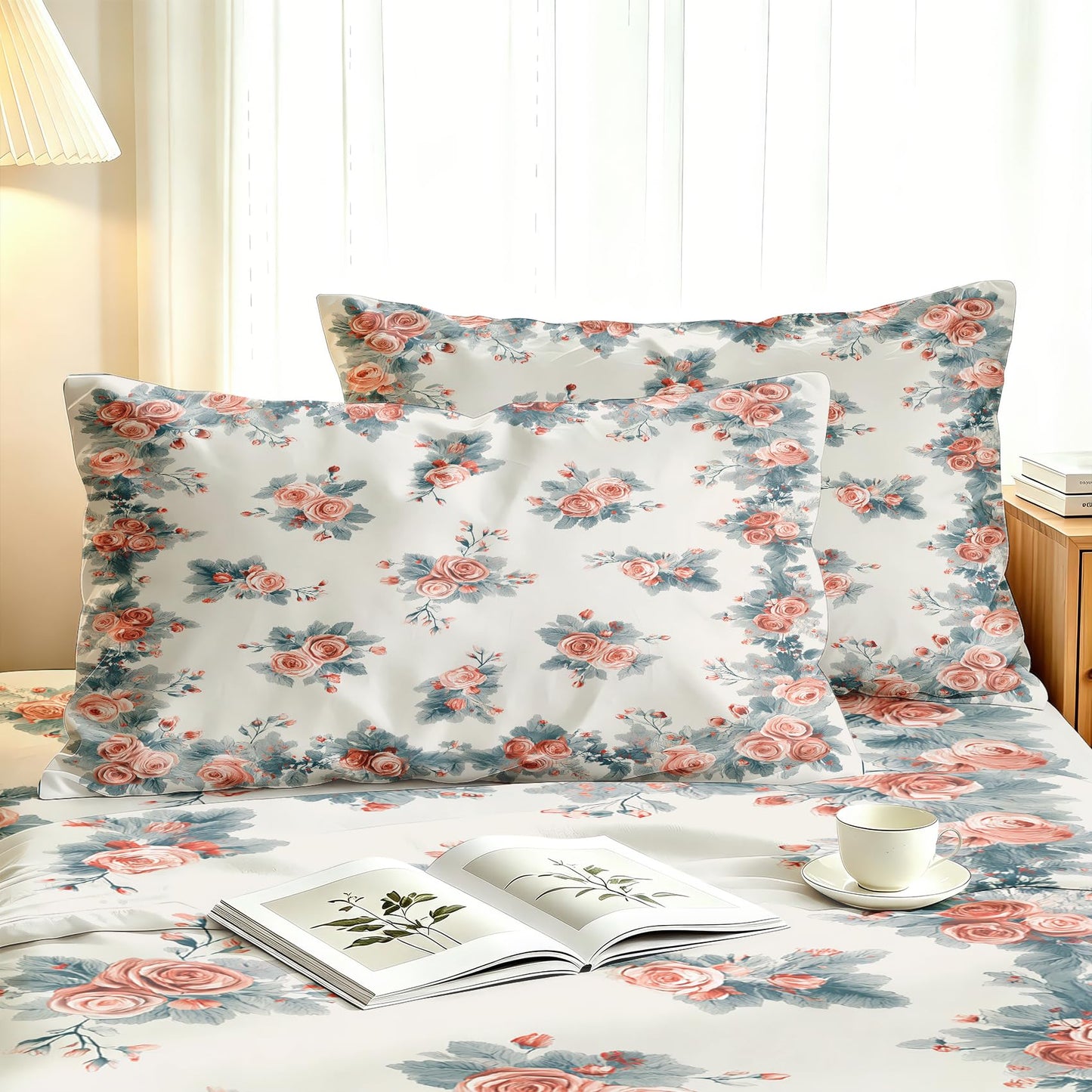 Pink Roses Sheet Set, 4 Pcs Full Size Girls Floral Bed Sheets